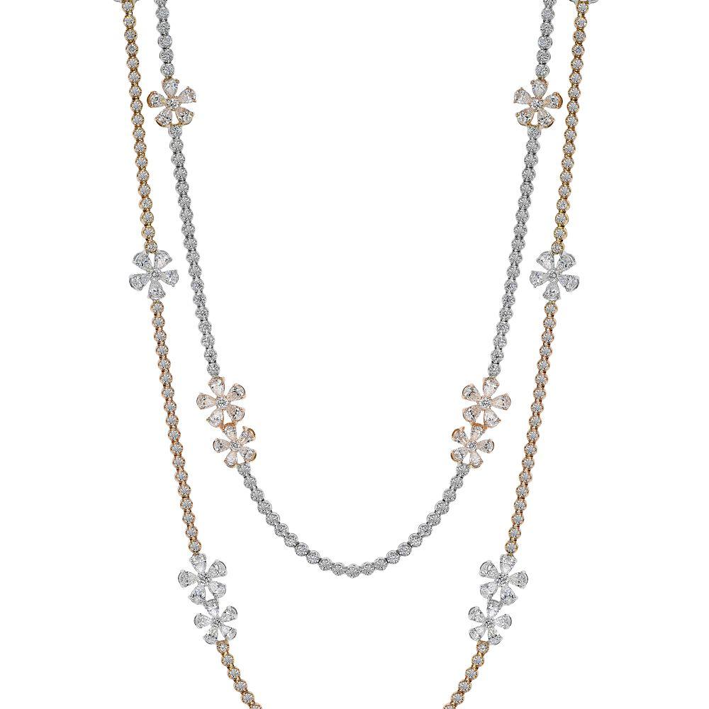 Taglio rotondo Collana lunga con fiori di diamante bicolore da 21,34 carati in vendita