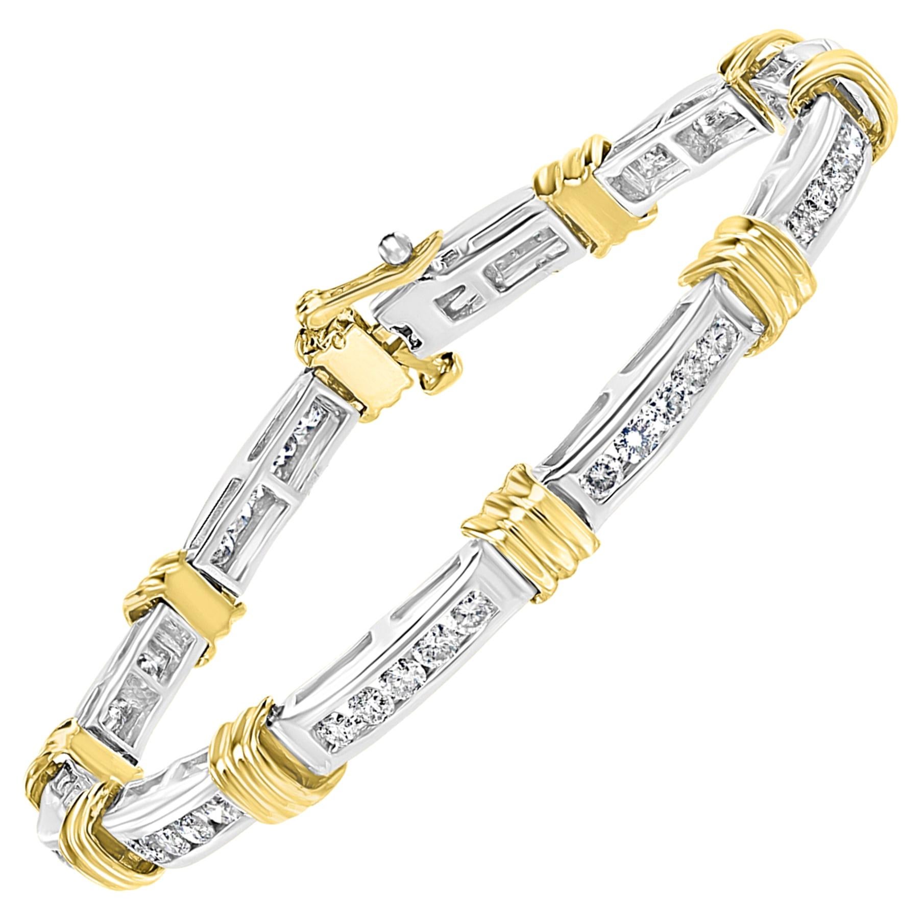 Bracelet bicolore en or jaune et blanc 14 carats avec diamants de 2,8 carats, ancienne propriété