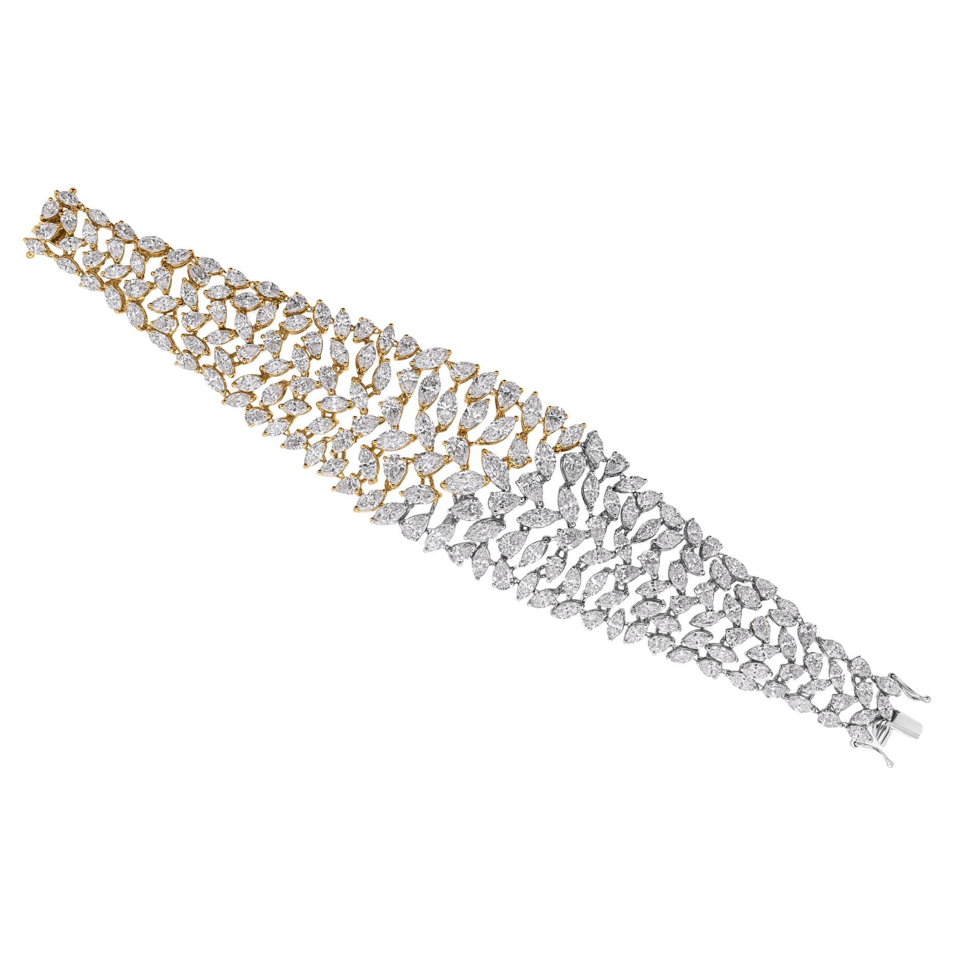 32.60ct Marquise Diamond Cluster Wide Bracelet 18k Two Tone Gold For Sale