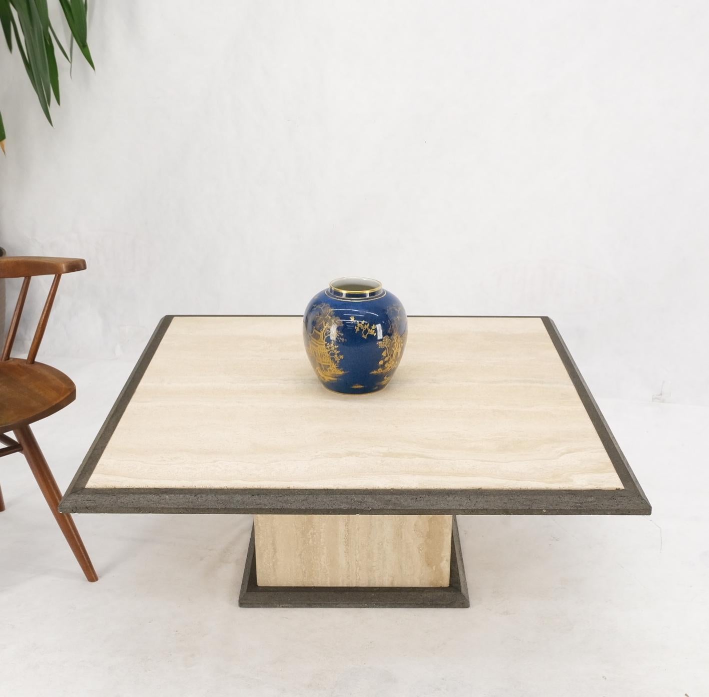 Two Tone Square Travertine Coffee Table Grey Bezel Italian Mid Century Mode For Sale 9