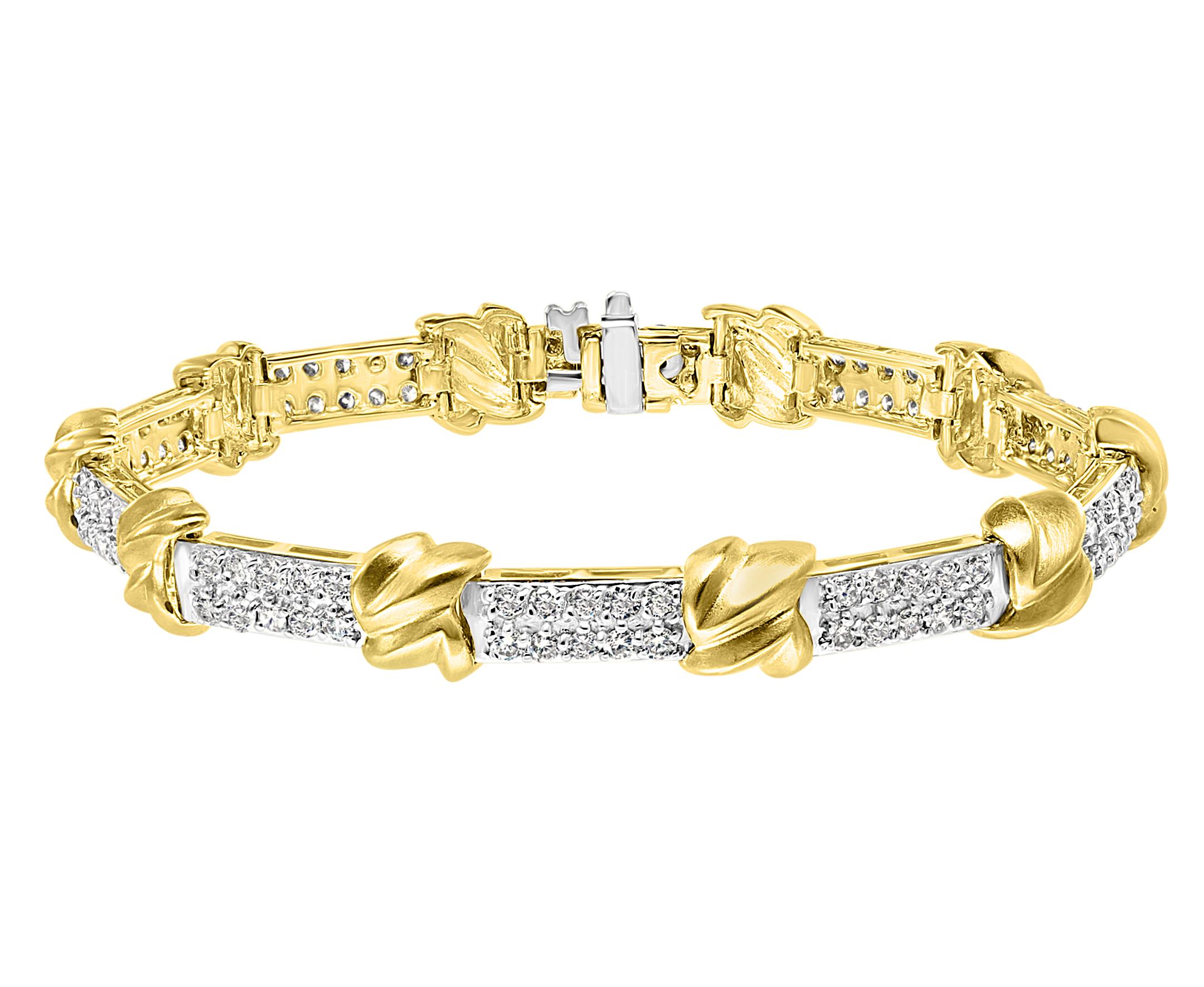Women's Two-Tone 5 Carat Diamond Bracelet in 14 Karat Yellow Gold, Estate For Sale