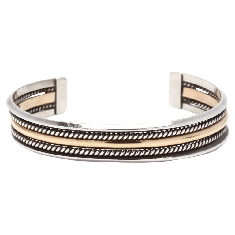 Two Tone 5 Row Cuff Bracelet, Sterling Silver, Length 6.25 For Sale at