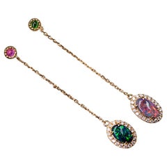 Two Tone Australian Black Opal Tsavorite & Pink Sapphire Drop Diamond Earrings