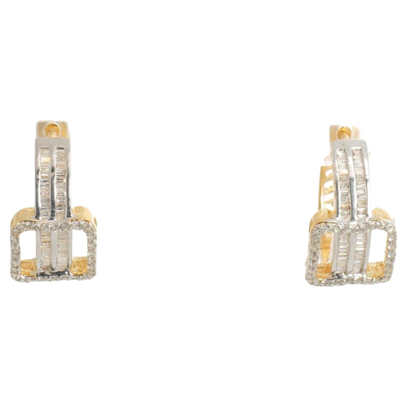 Two-Tone Baguette Natural Diamond Hoop Earrings in 14K Solid Gold (Certified)