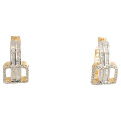 Two-Tone Baguette Natural Diamond Hoop Earrings in 14K Solid Gold (Certified)
