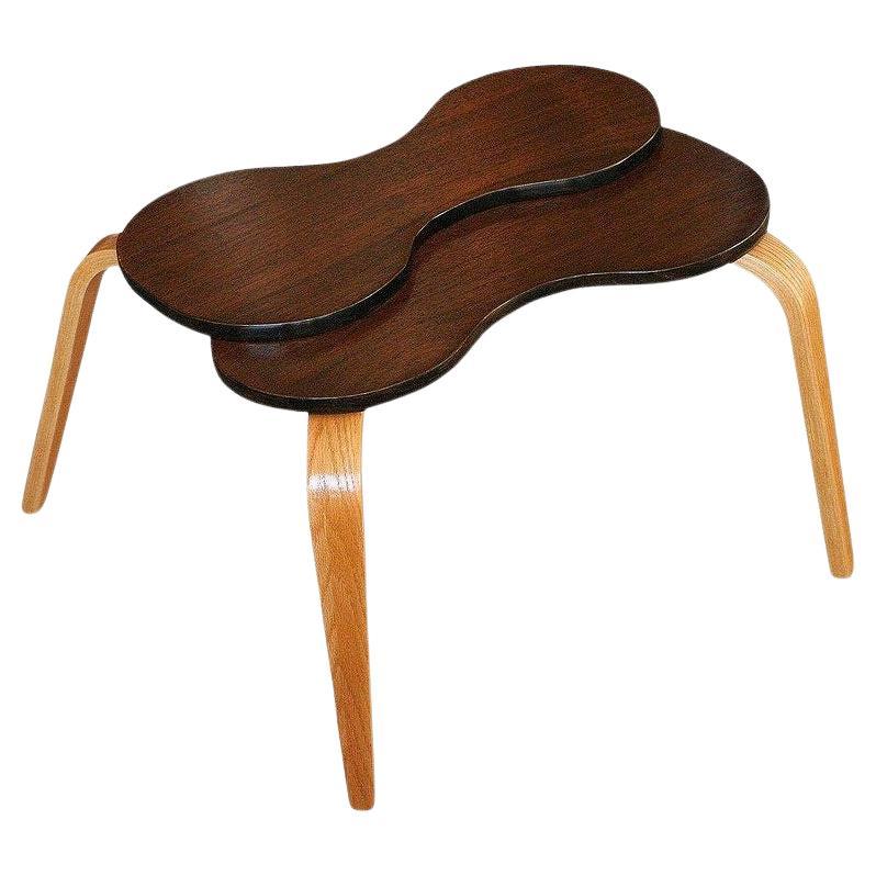 Jens Risom Style Two-tone Stepped Biomorphic Bent Plywood & Mahogany Side Table