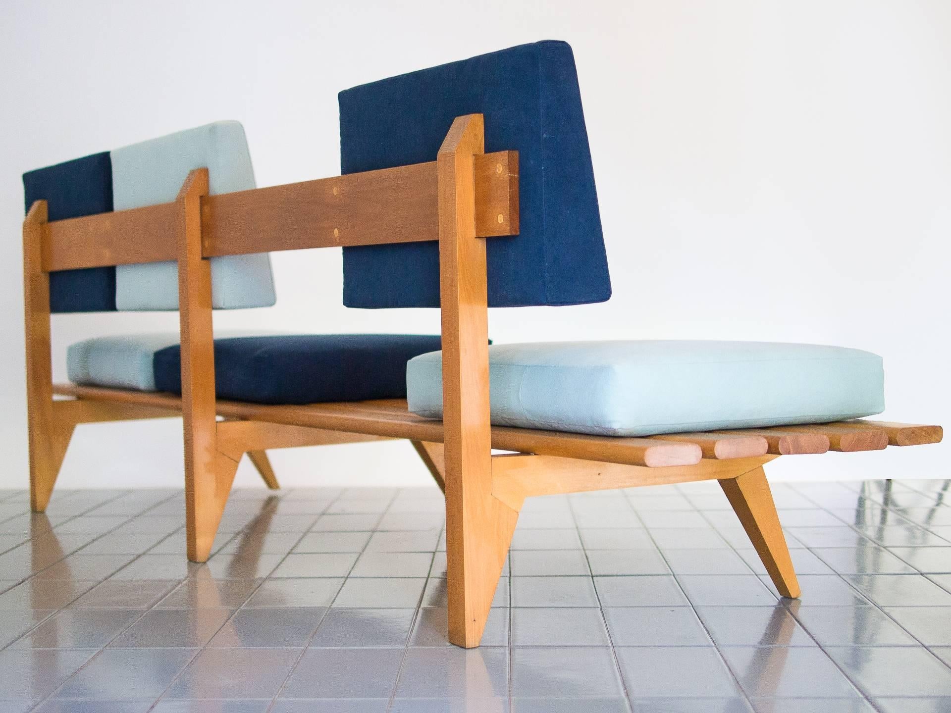 Brazilian 1958 Two-Tone Blue Sofa in Pau Marfim Wood by Acácio Gil Borsoi, Brazil Modern