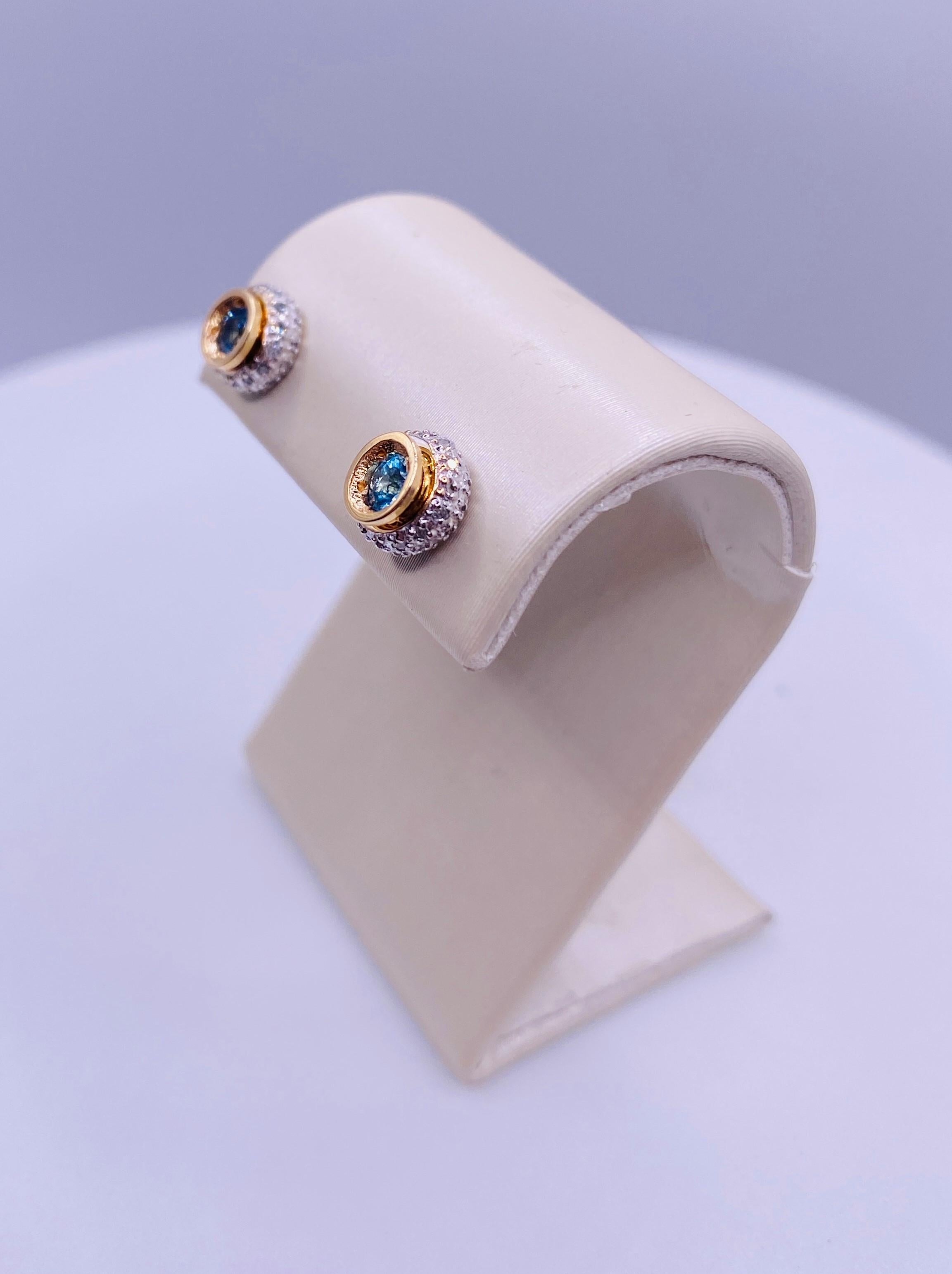 Round Cut Blue Topaz and Diamond Two-Tone Gold Stud Earrings 