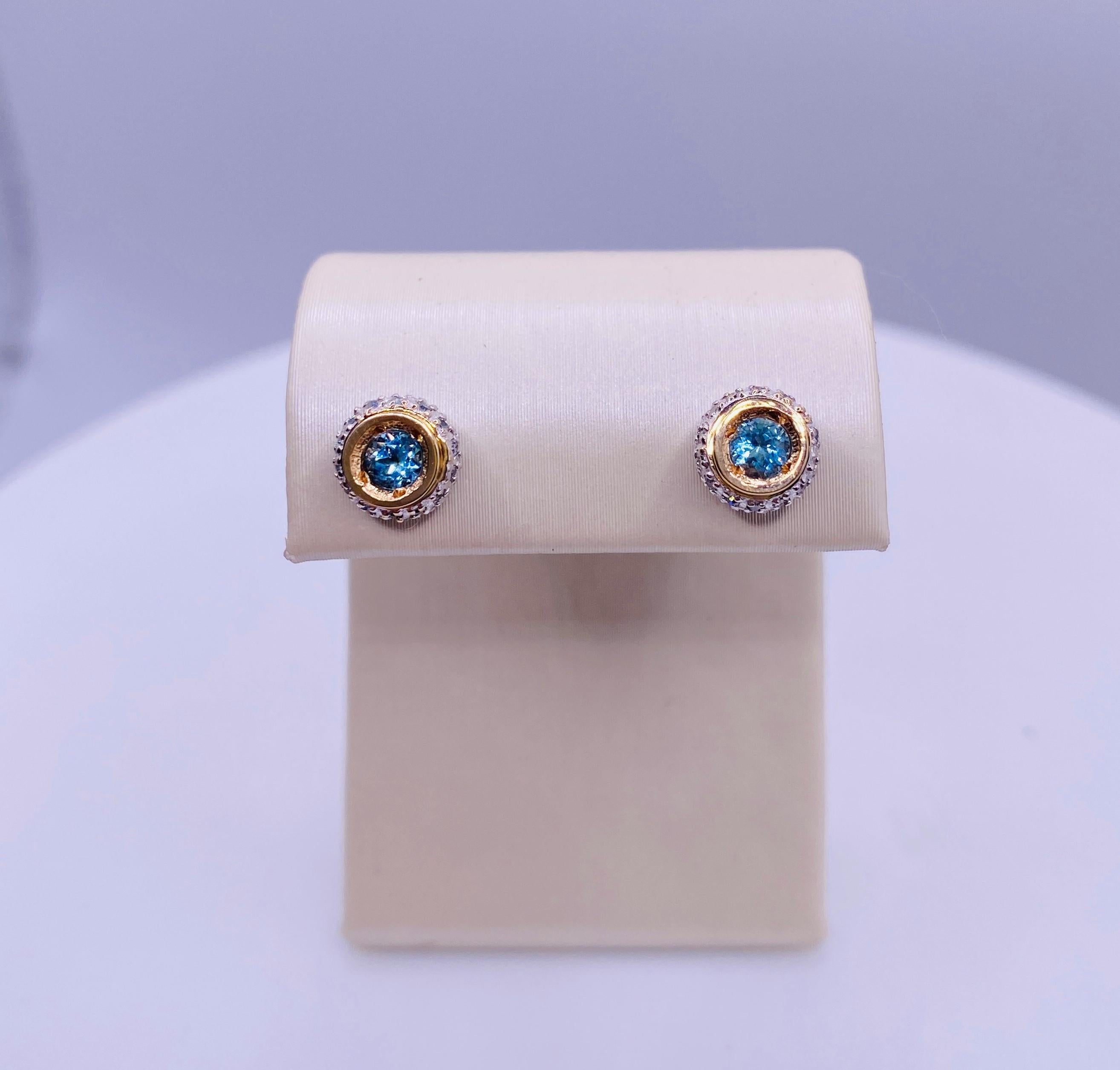 Women's or Men's Blue Topaz and Diamond Two-Tone Gold Stud Earrings 