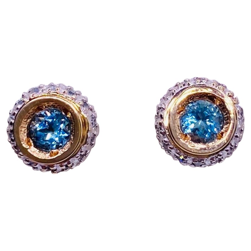 Blue Topaz and Diamond Two-Tone Gold Stud Earrings 