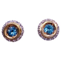 Two Tone Blue Topaz and Diamond Stud Earrings 