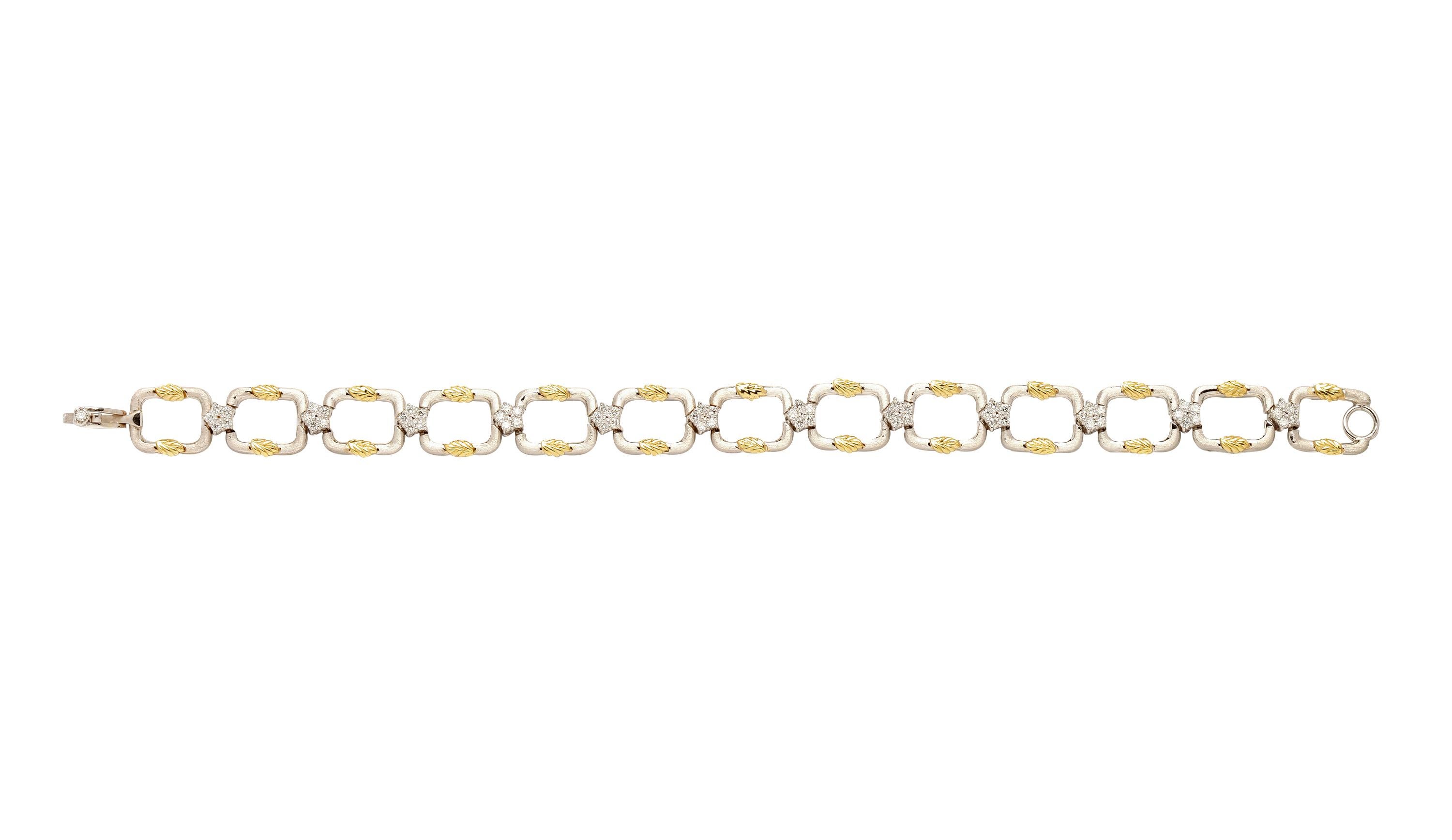 Stambolian 18K Yellow and White Two-Tone Gold Flower Link Bracelet with White Diamonds

White Diamond Flowers Between each Link and Yellow gold Leaf detailing. 

0.92 carat G color, VS clarity diamonds

Bracelet has a very secure clasp with safety
