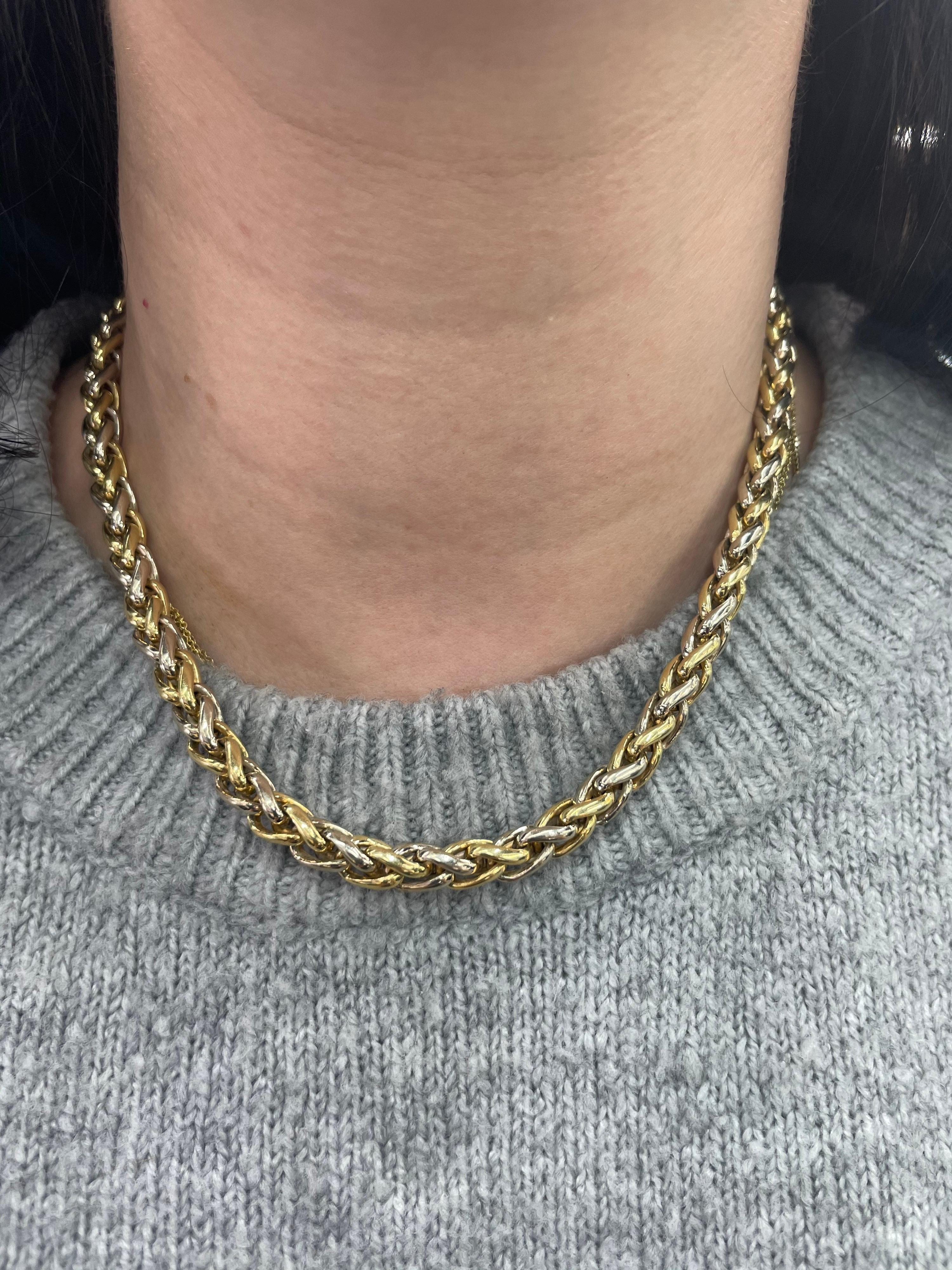 Vintage necklace featuring 14 Karat Yellow & White gold braided motif style.
16.75 Inches Long
More gold necklaces in stock. 
Email for more pictures & styles