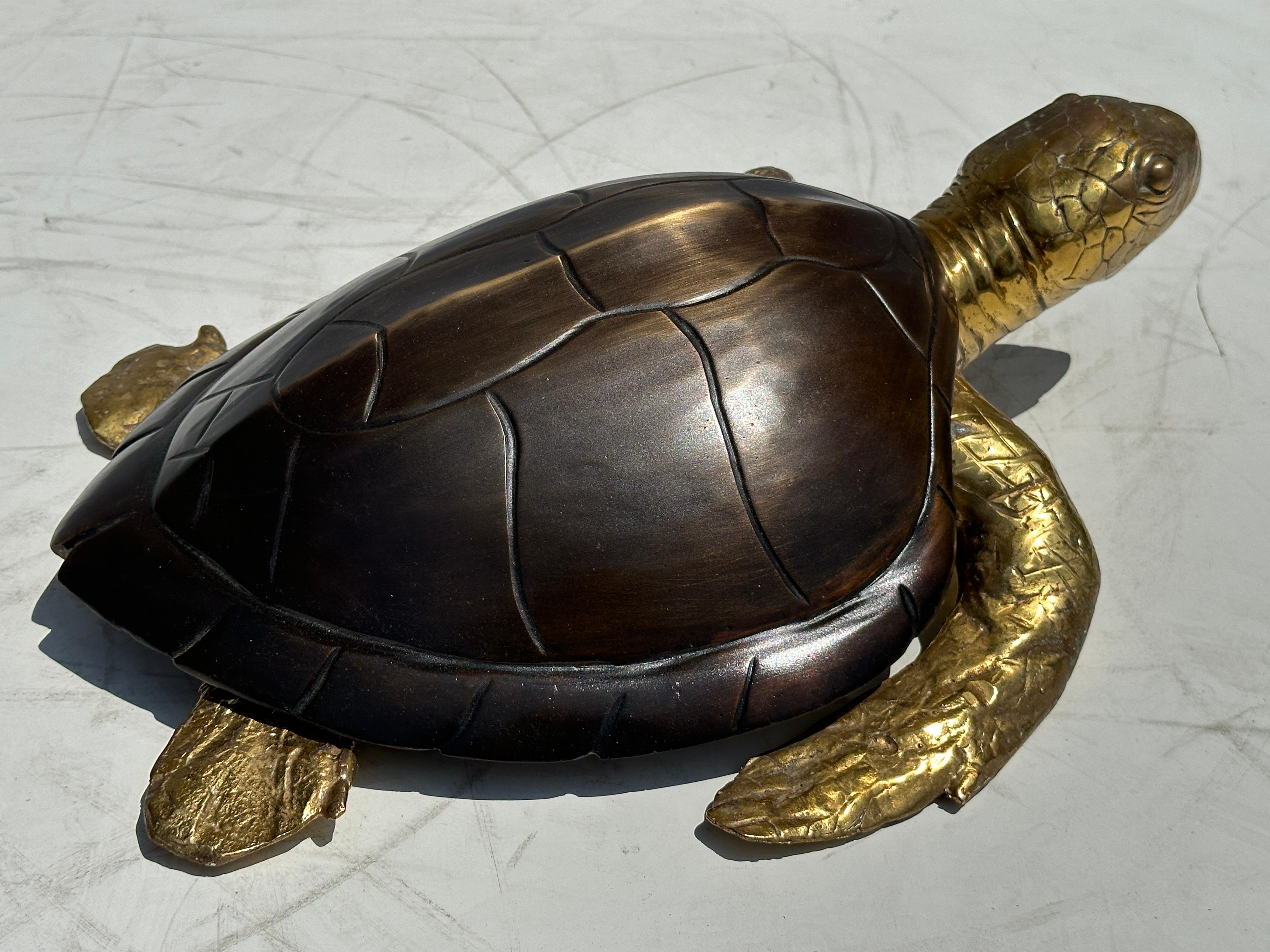 Two tone brass hawksbill sea turtle sculpture / decorative box / catchall .