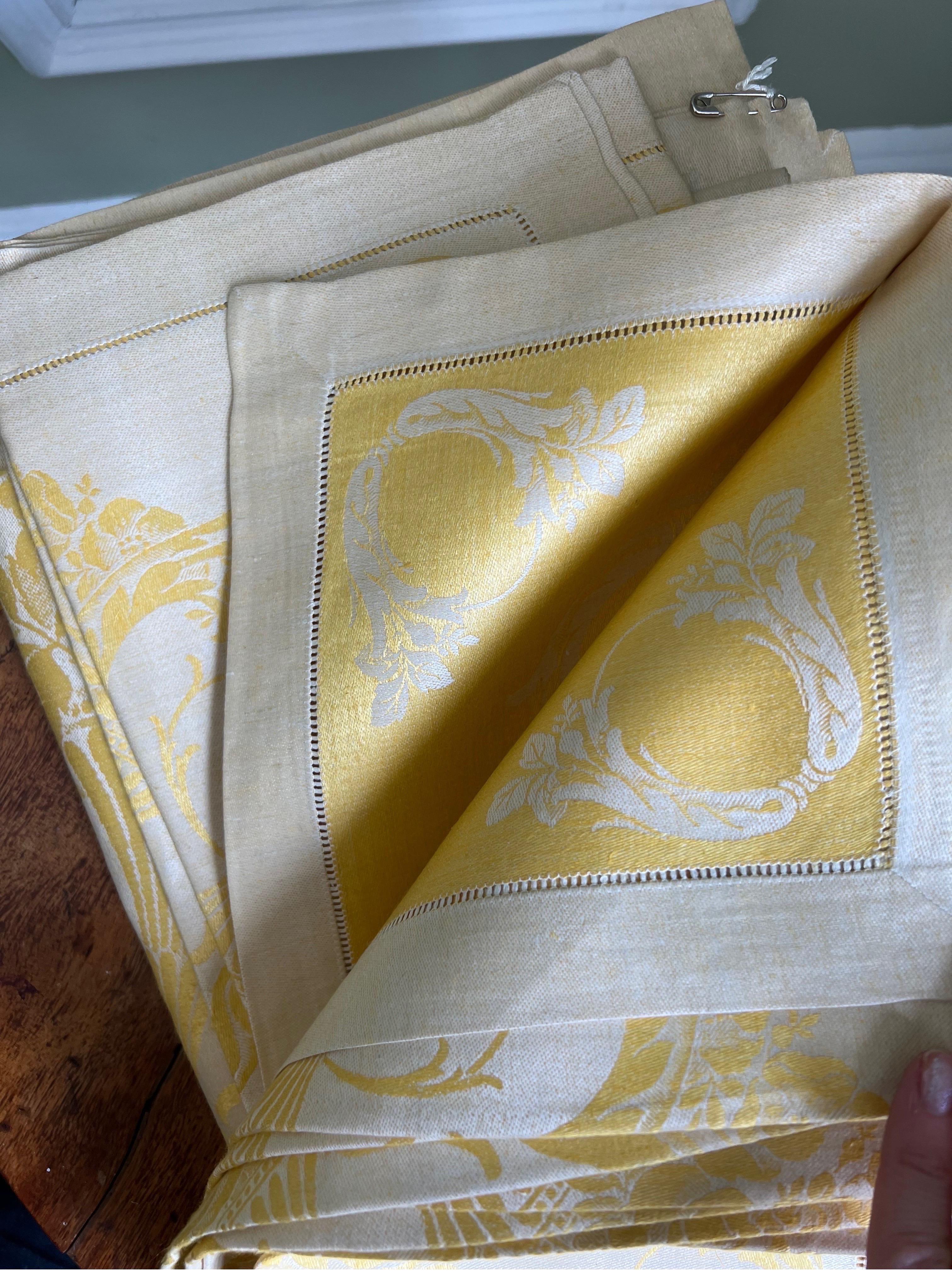 Two-Tone Canary Yellow Damask Polished Cotton Tablecloth and Napkins, 13 Pieces  2
