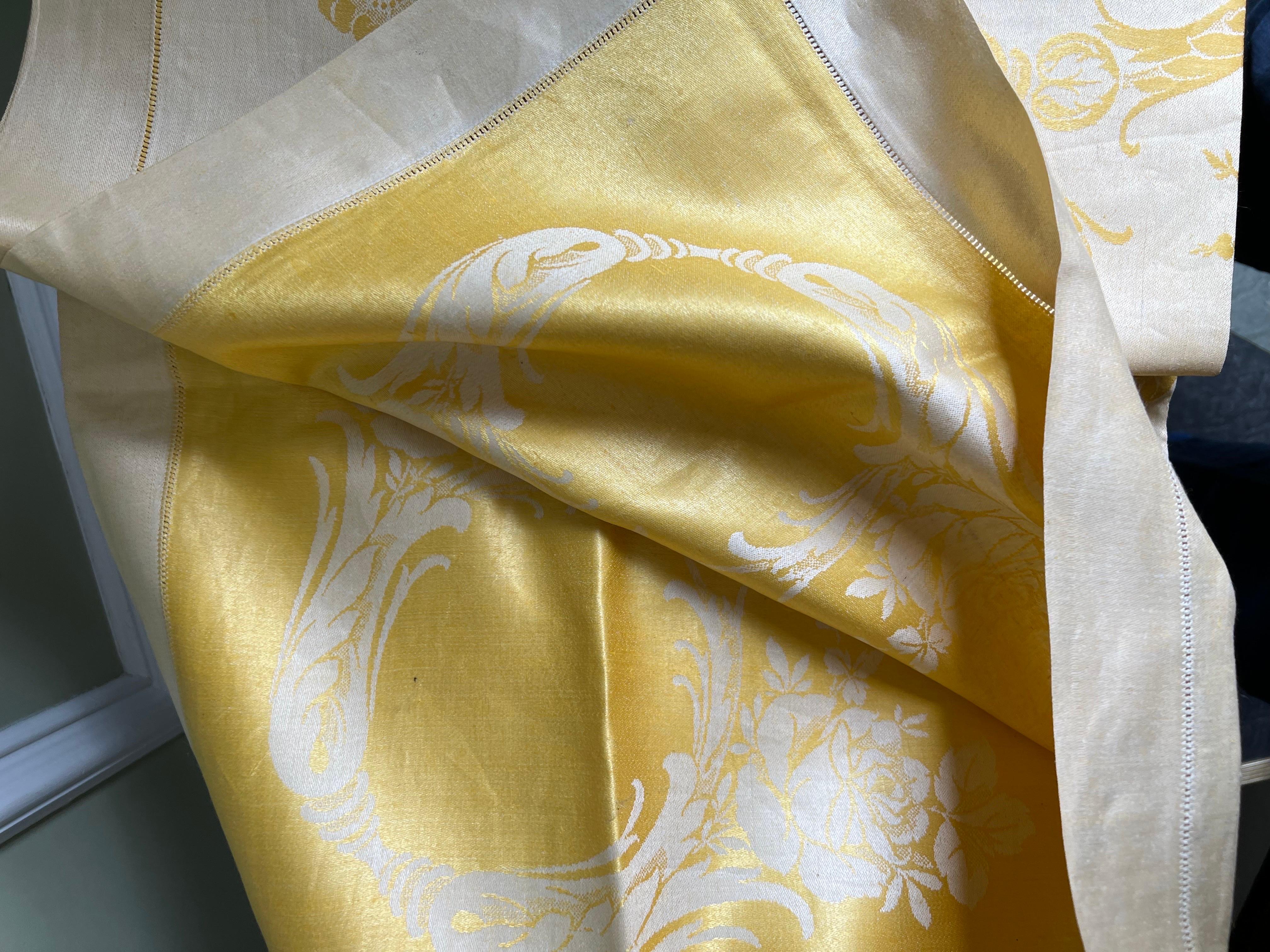 Two-Tone Canary Yellow Damask Polished Cotton Tablecloth and Napkins, 13 Pieces  3