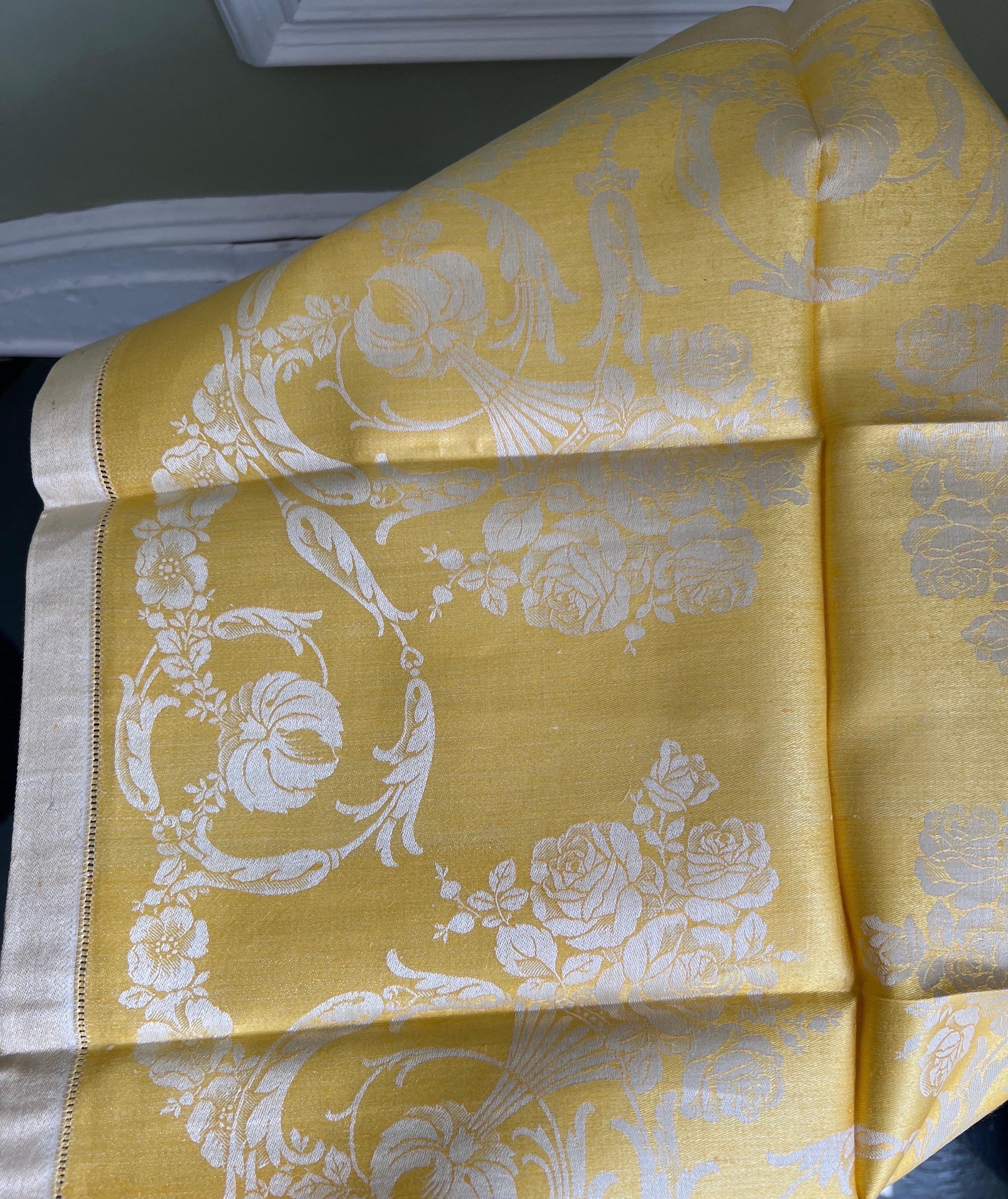 Two-Tone Canary Yellow Damask Polished Cotton Tablecloth and Napkins, 13 Pieces  4