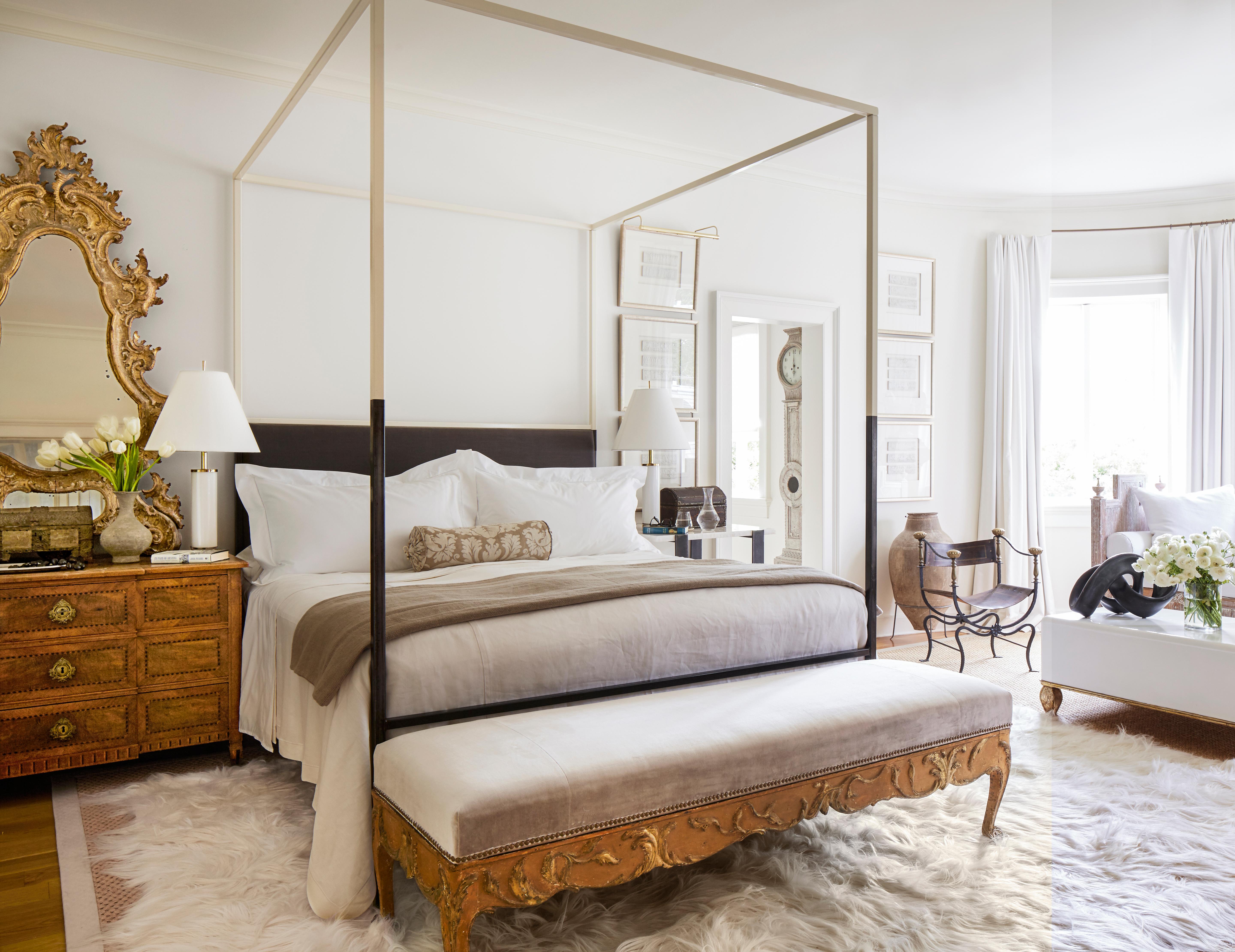 This ultra-sleek and streamlined two-tone canopy bed with upholstered headboard from the custom Tara Shaw Maison collection has been featured in several shelter magazines, including Veranda and Architectural Digest. Handcrafted in New Orleans. The