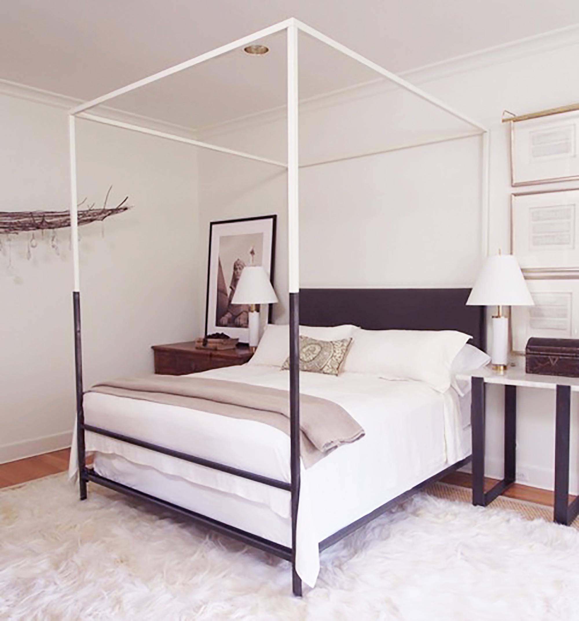 American Two Tone Canopy Bed with Linen Headboard, King For Sale