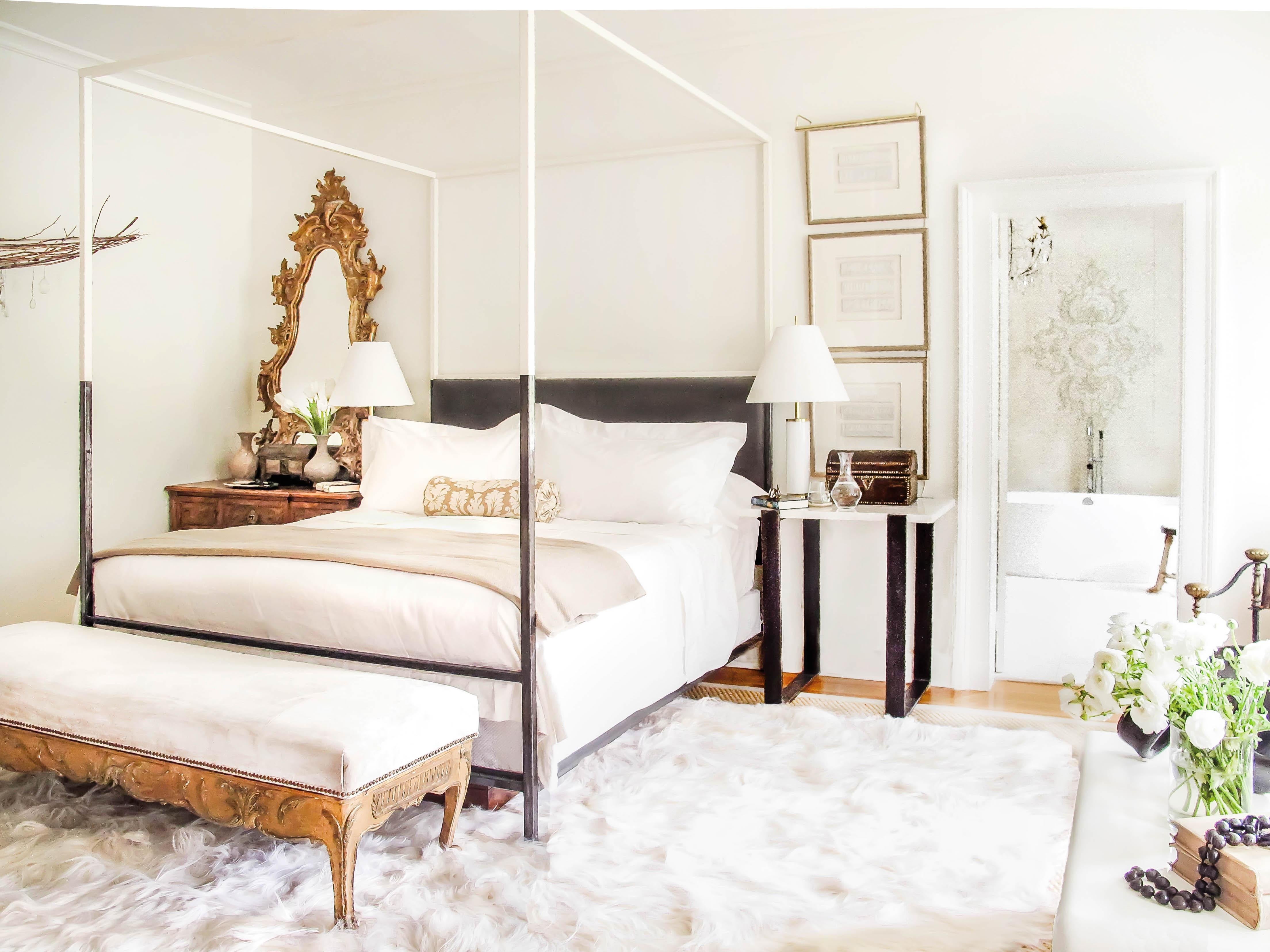 Powder-Coated Two Tone Canopy Bed with Linen Headboard, King For Sale