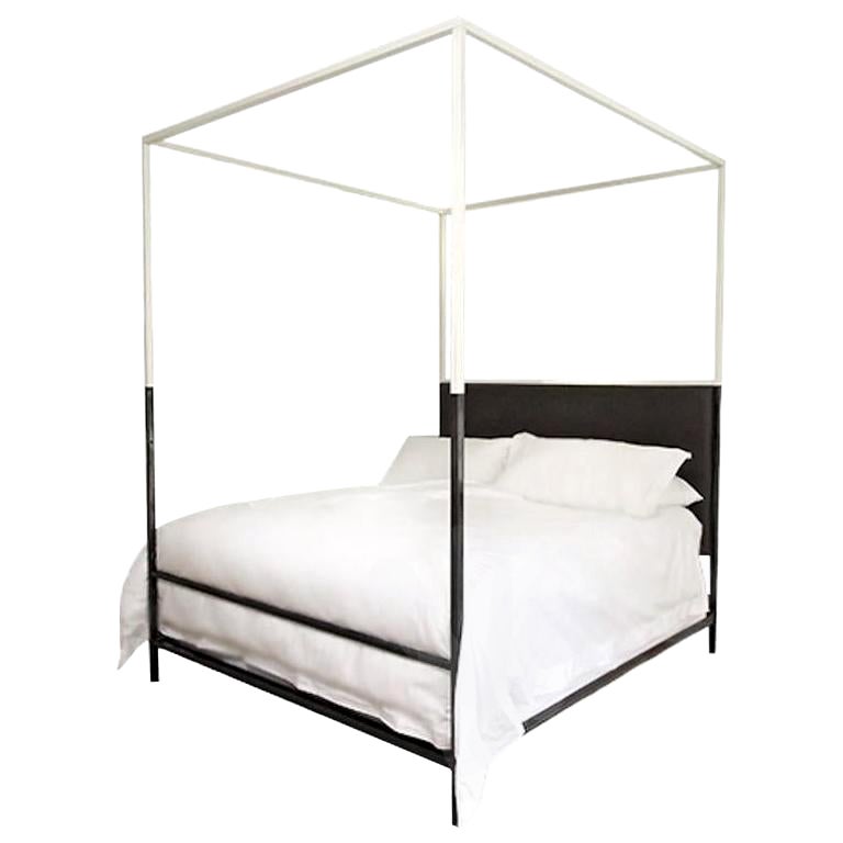 Two Tone Canopy Bed with Linen Headboard, King For Sale