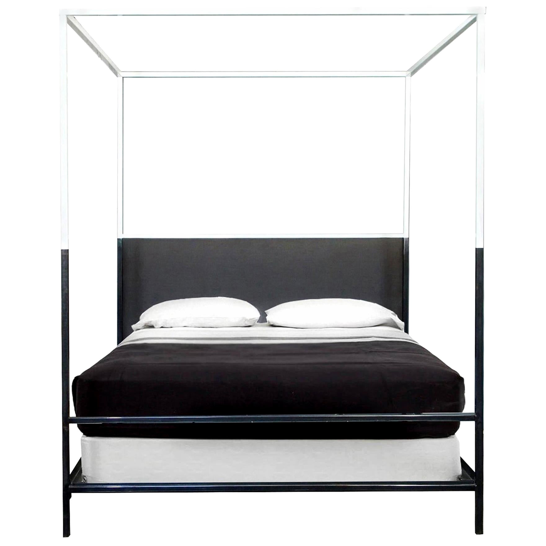 Two Tone Canopy Bed with Linen Headboard, Twin