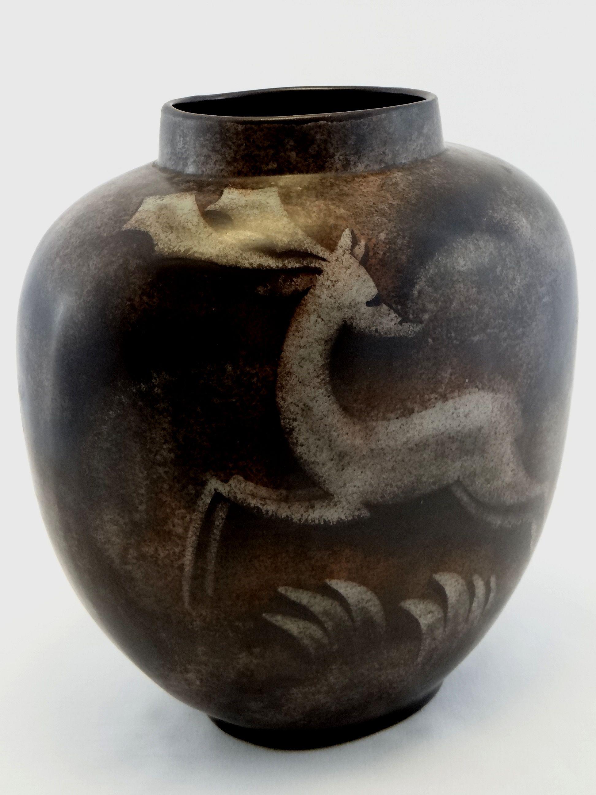 Mid-20th Century Two-Tone Ceramic Vase Charles Catteau Moose Decor 1937