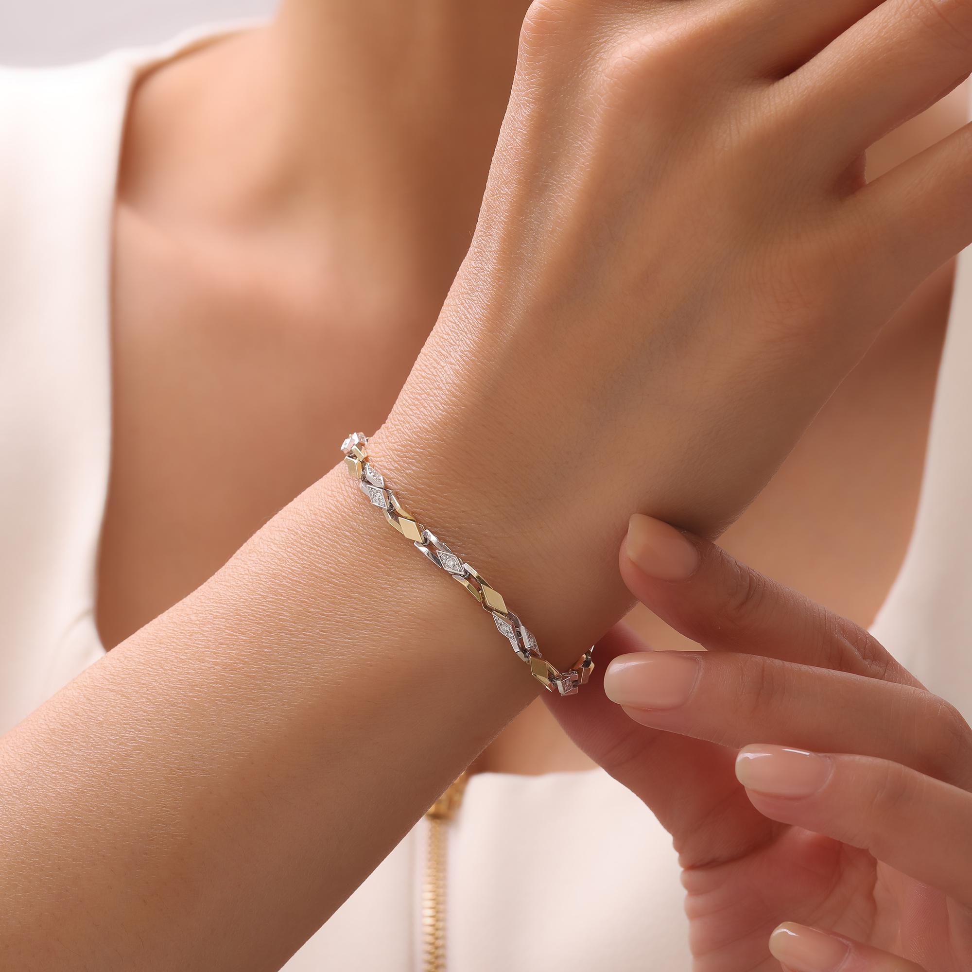 Pulsera unisex de diamantes con cadena bicolor Corte redondo en venta