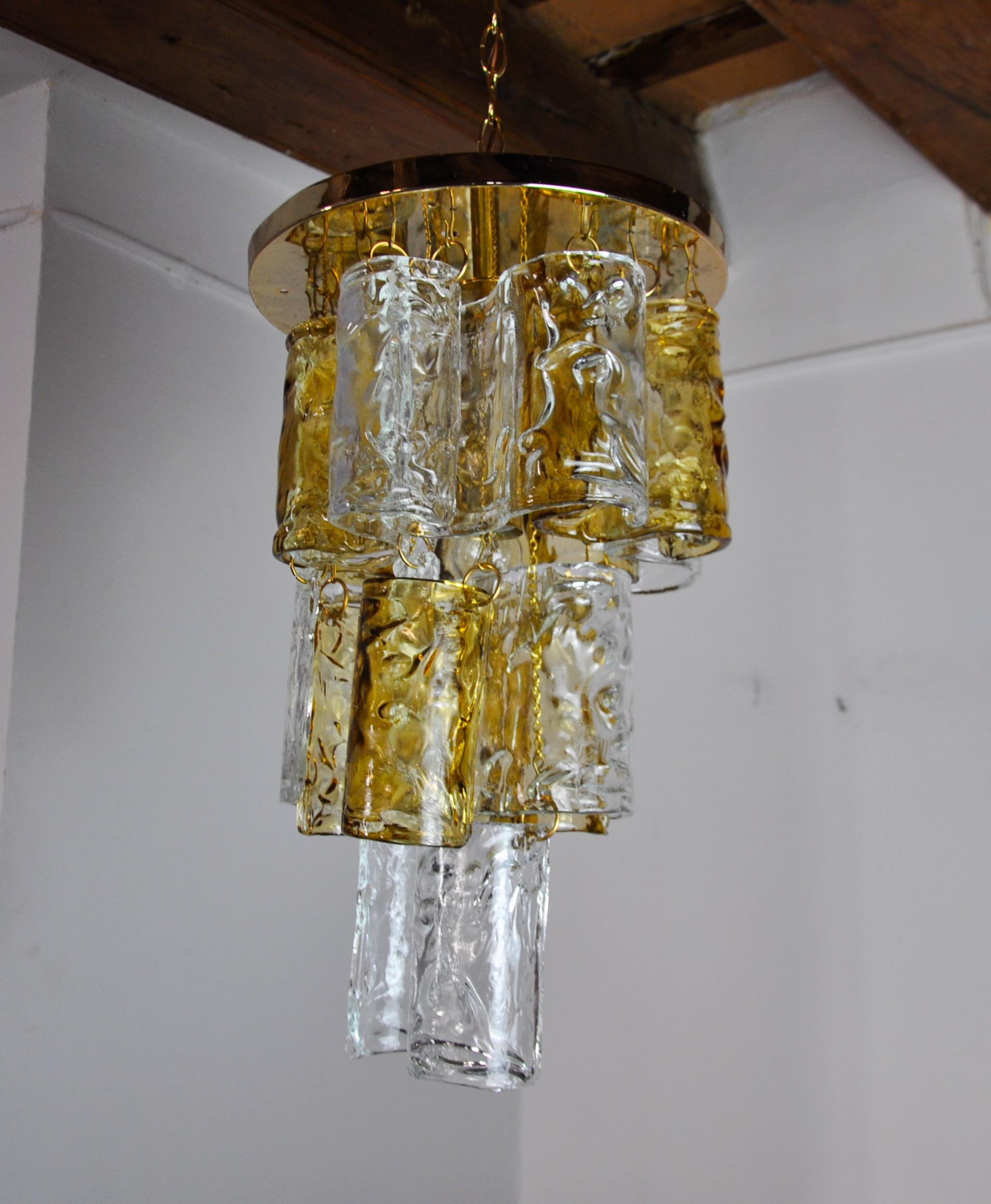 Italian Two-tone chandelier by Zero Quattro 3 levels orange and transparent murano glass For Sale