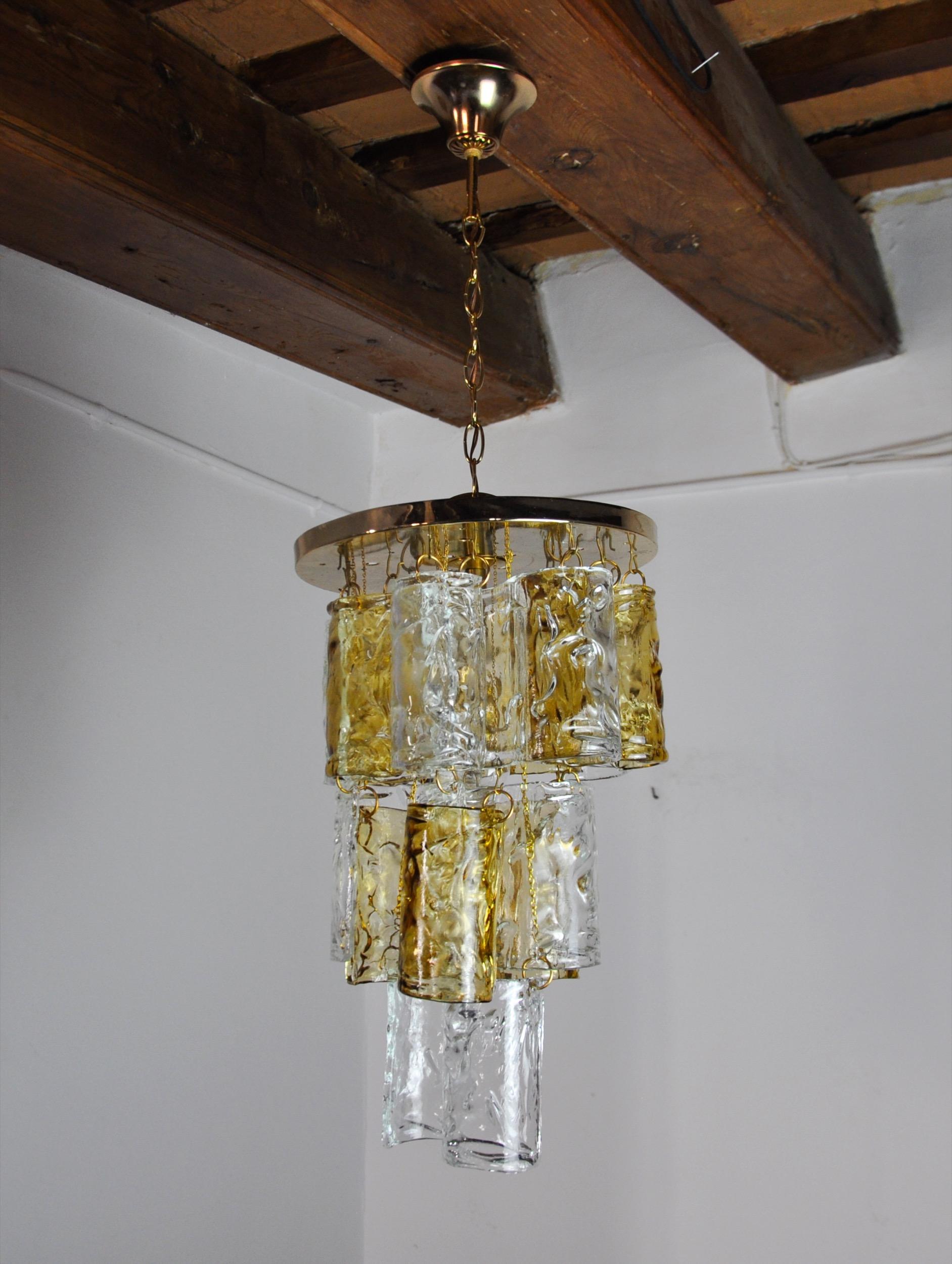 Two-tone chandelier by Zero Quattro 3 levels orange and transparent murano glass In Good Condition For Sale In BARCELONA, ES