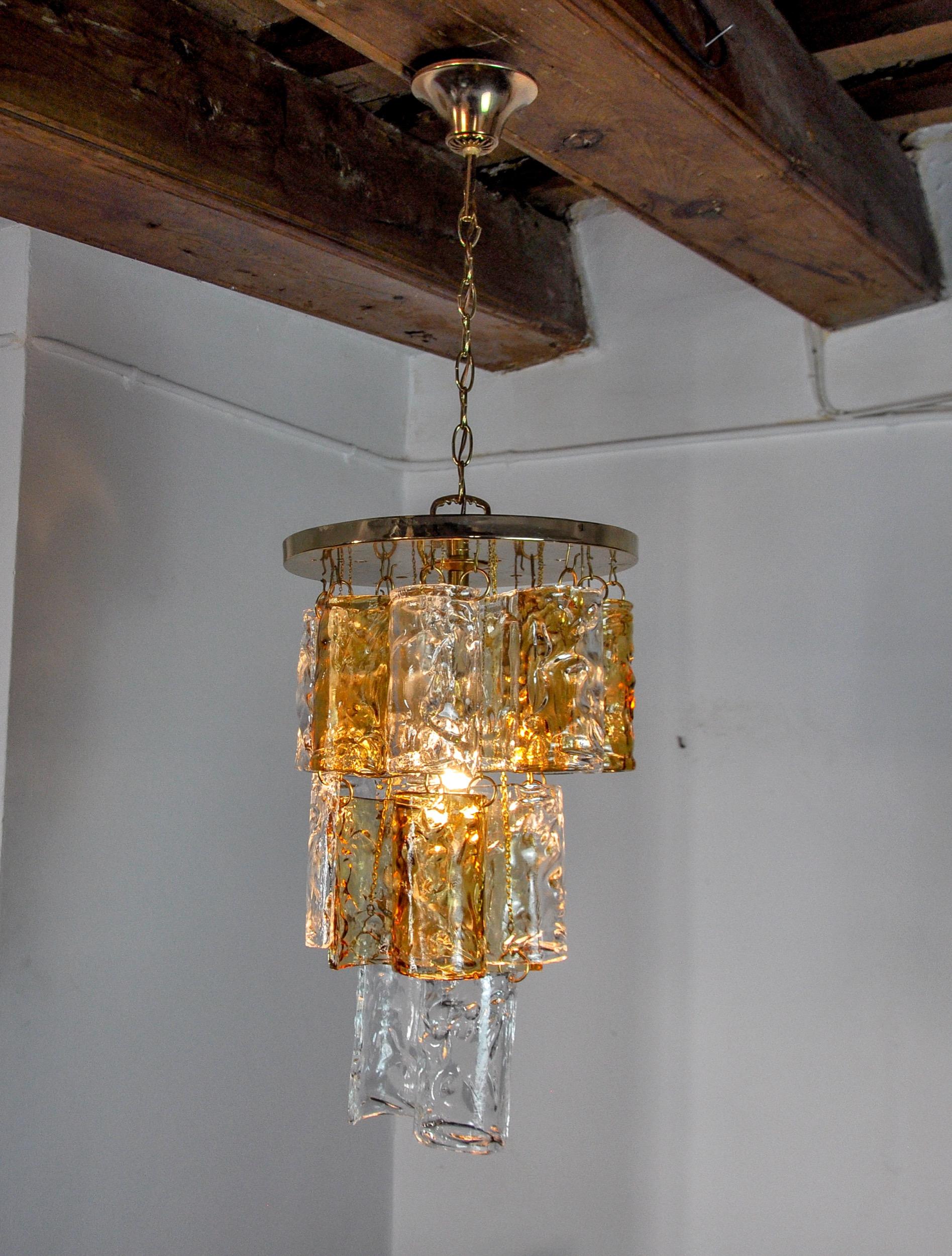 Late 20th Century Two-tone chandelier by Zero Quattro 3 levels orange and transparent murano glass For Sale