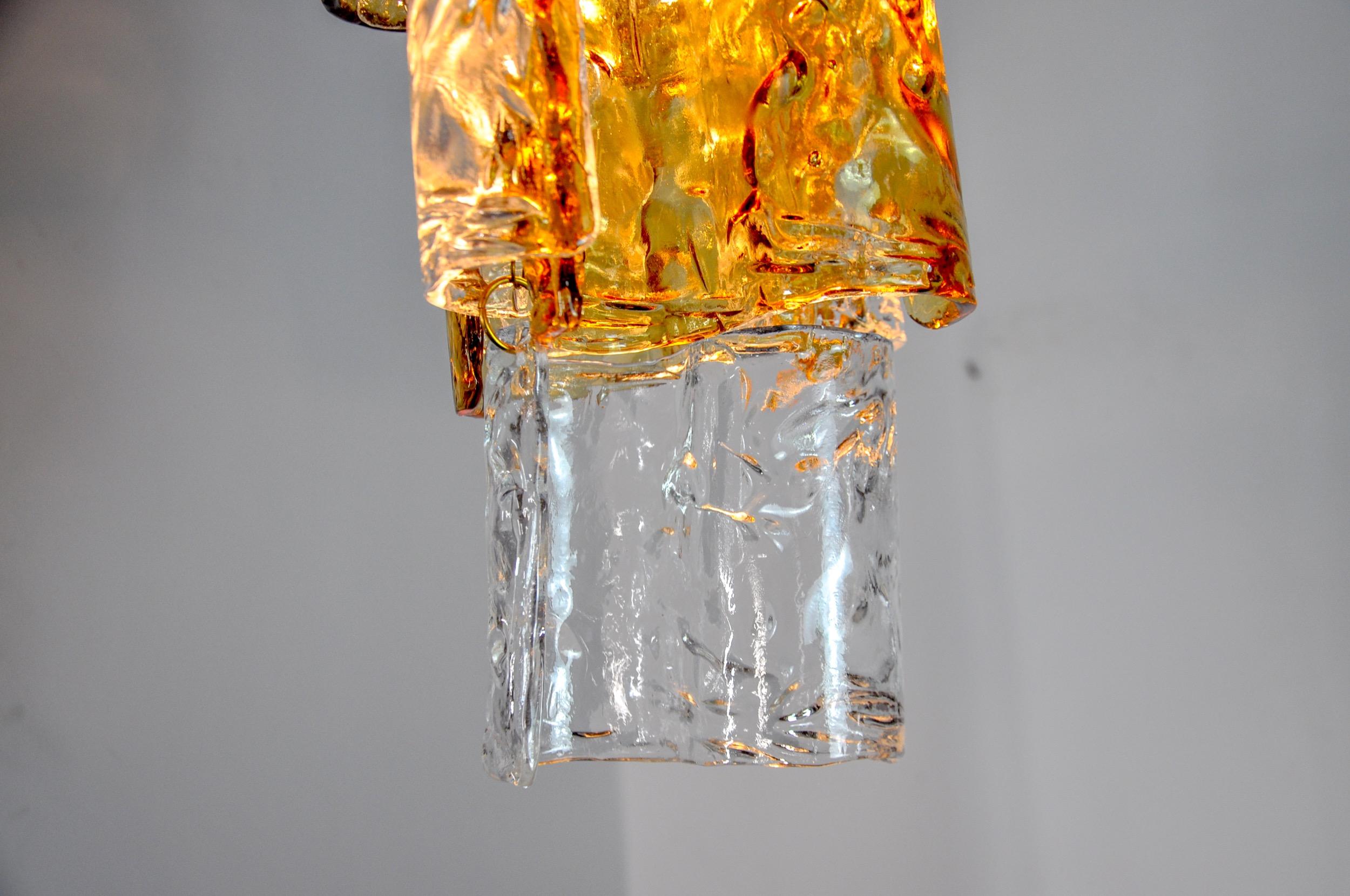 Crystal Two-tone chandelier by Zero Quattro 3 levels orange and transparent murano glass For Sale