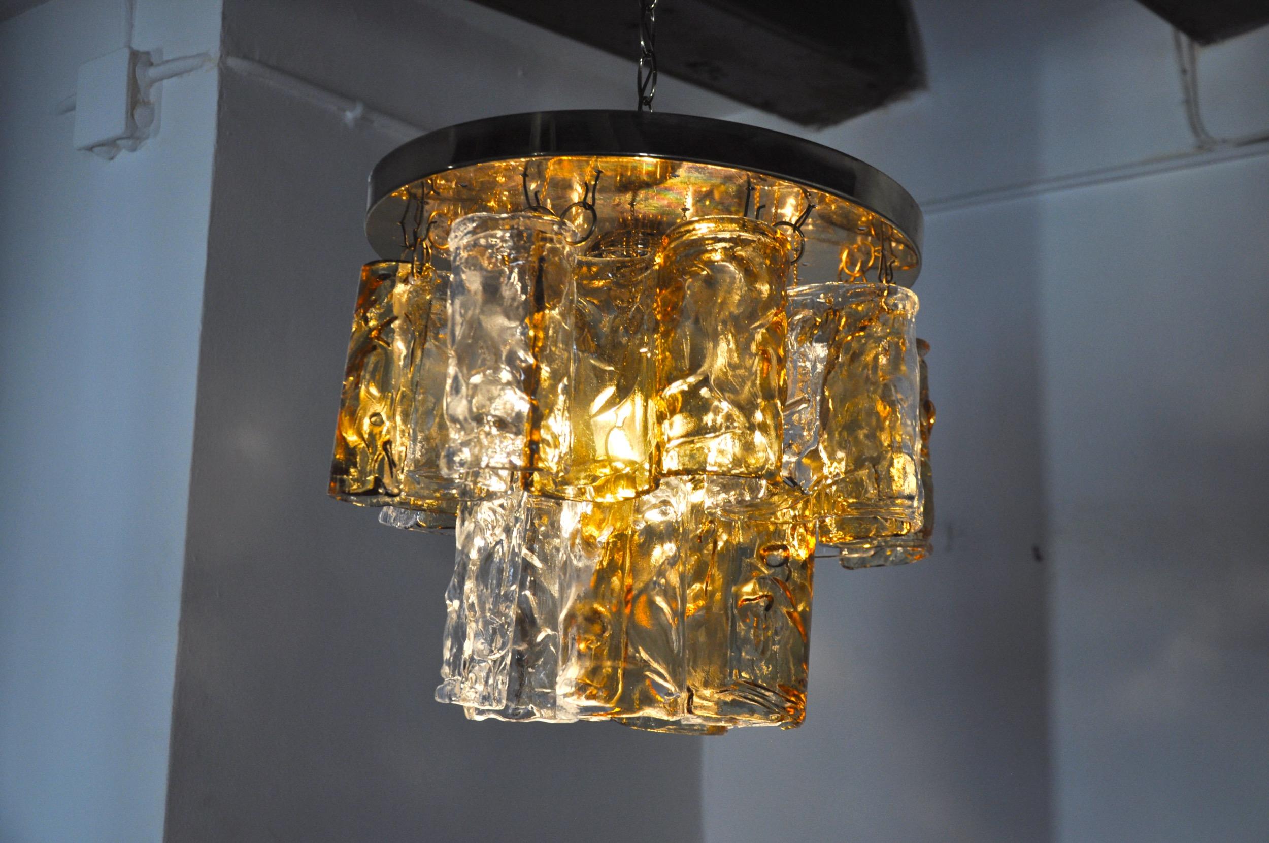 Two-tone chandelier by Zero Quattro orange and transparent murano glass Italy For Sale 3