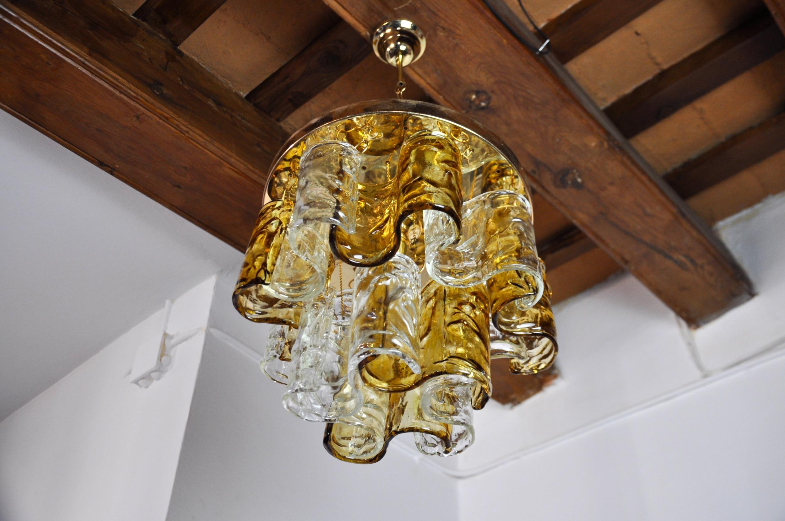 Italian Two-tone chandelier by Zero Quattro orange and transparent murano glass Italy For Sale