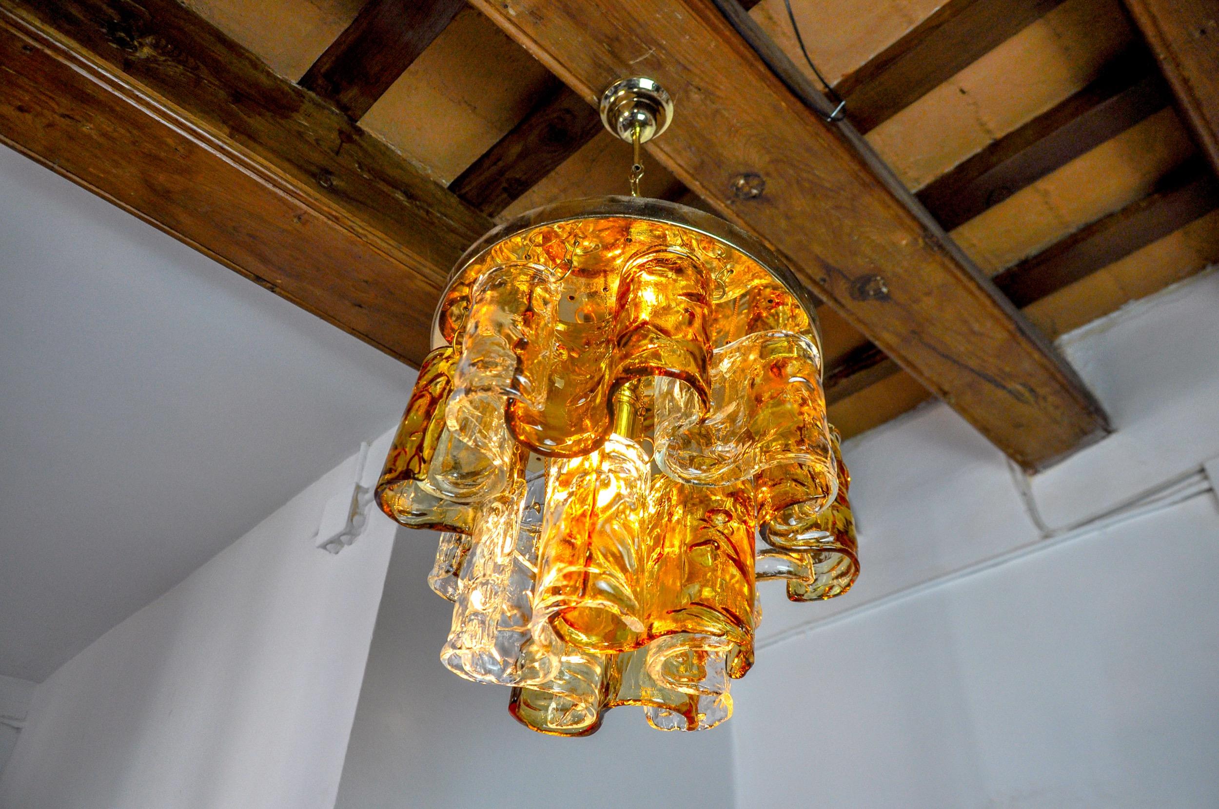 Two-tone chandelier by Zero Quattro orange and transparent murano glass Italy For Sale 2