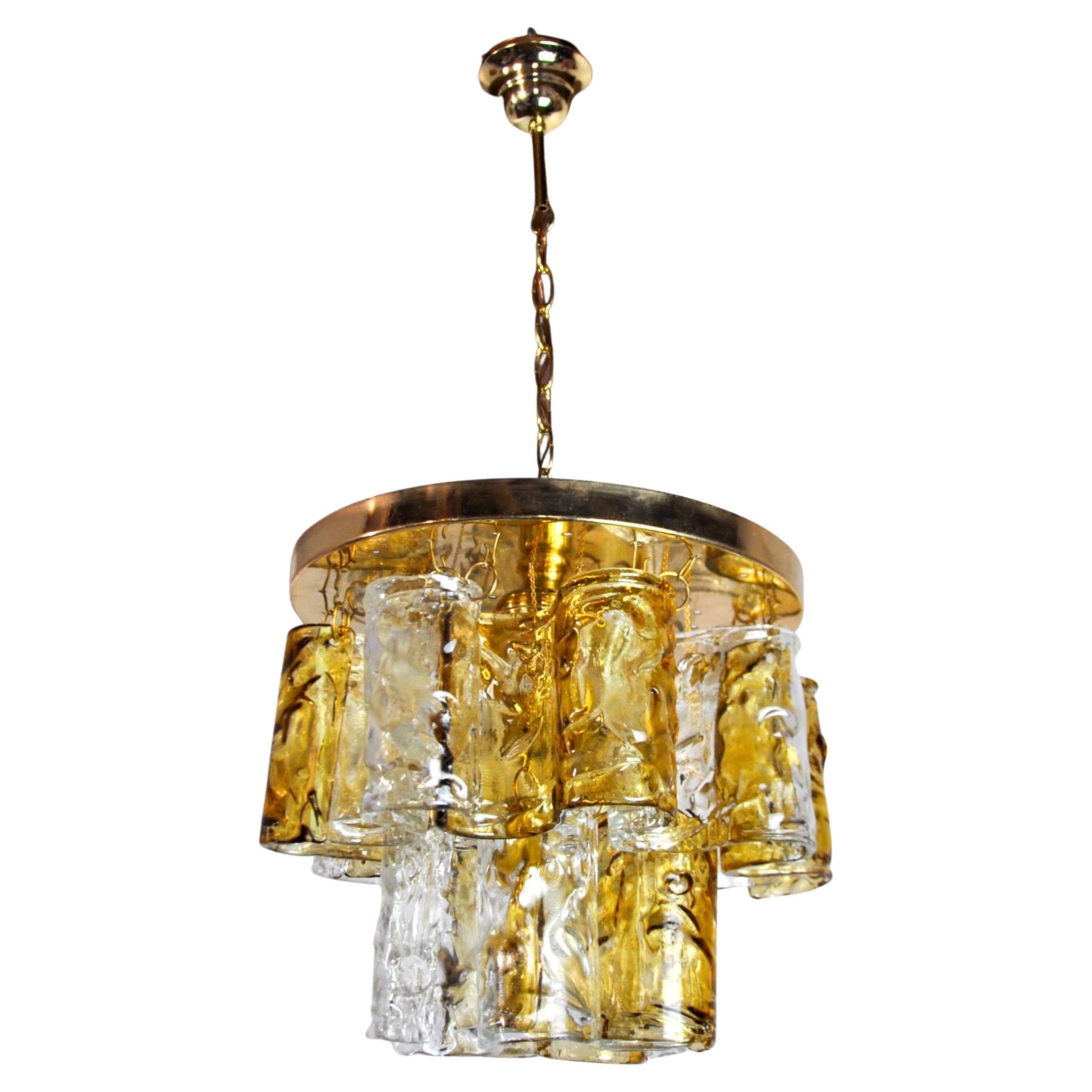 Two-tone chandelier by Zero Quattro orange and transparent murano glass Italy