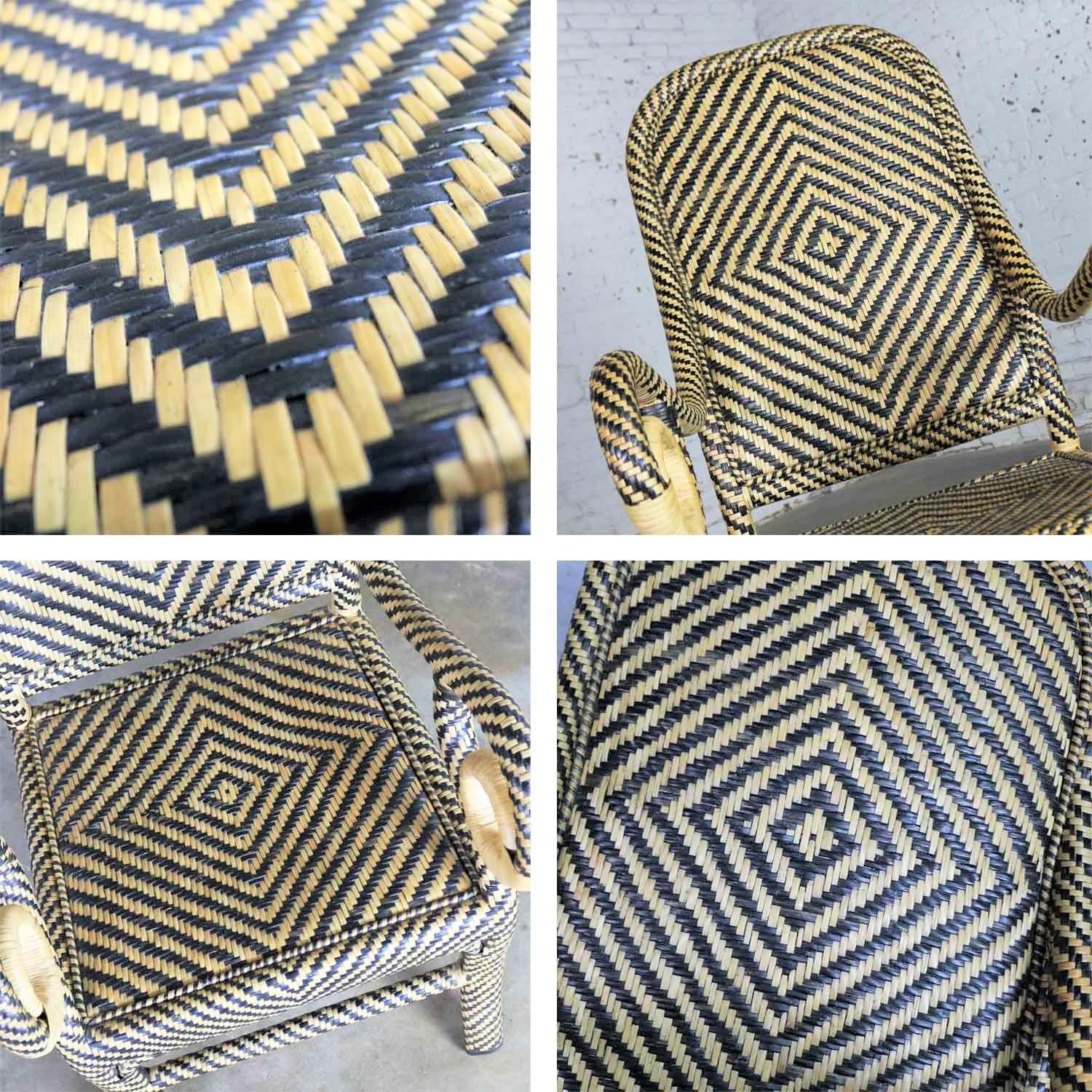 Two-Tone Chevron Pattern Rattan Wicker Tall Back Chair with Spiral Arms 5