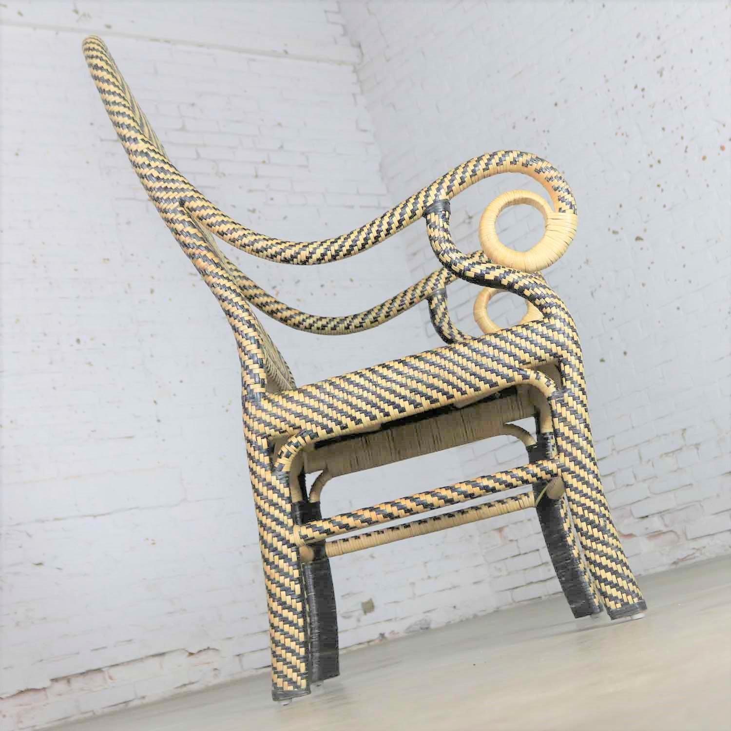20th Century Two-Tone Chevron Pattern Rattan Wicker Tall Back Chair with Spiral Arms