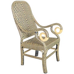 Two-Tone Chevron Pattern Rattan Wicker Tall Back Chair with Spiral Arms