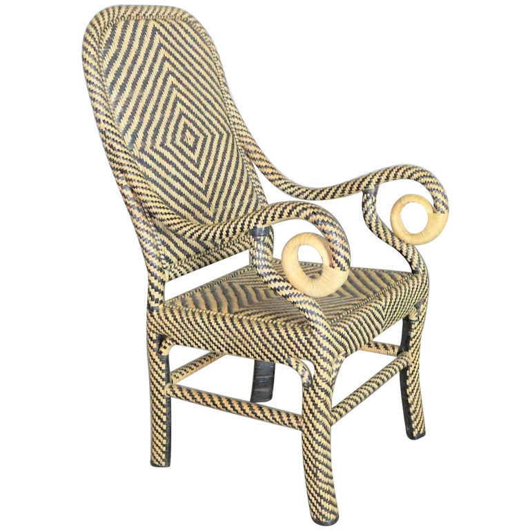 TwoTone Chevron Pattern Rattan Wicker Tall Back Chair with Spiral Arms