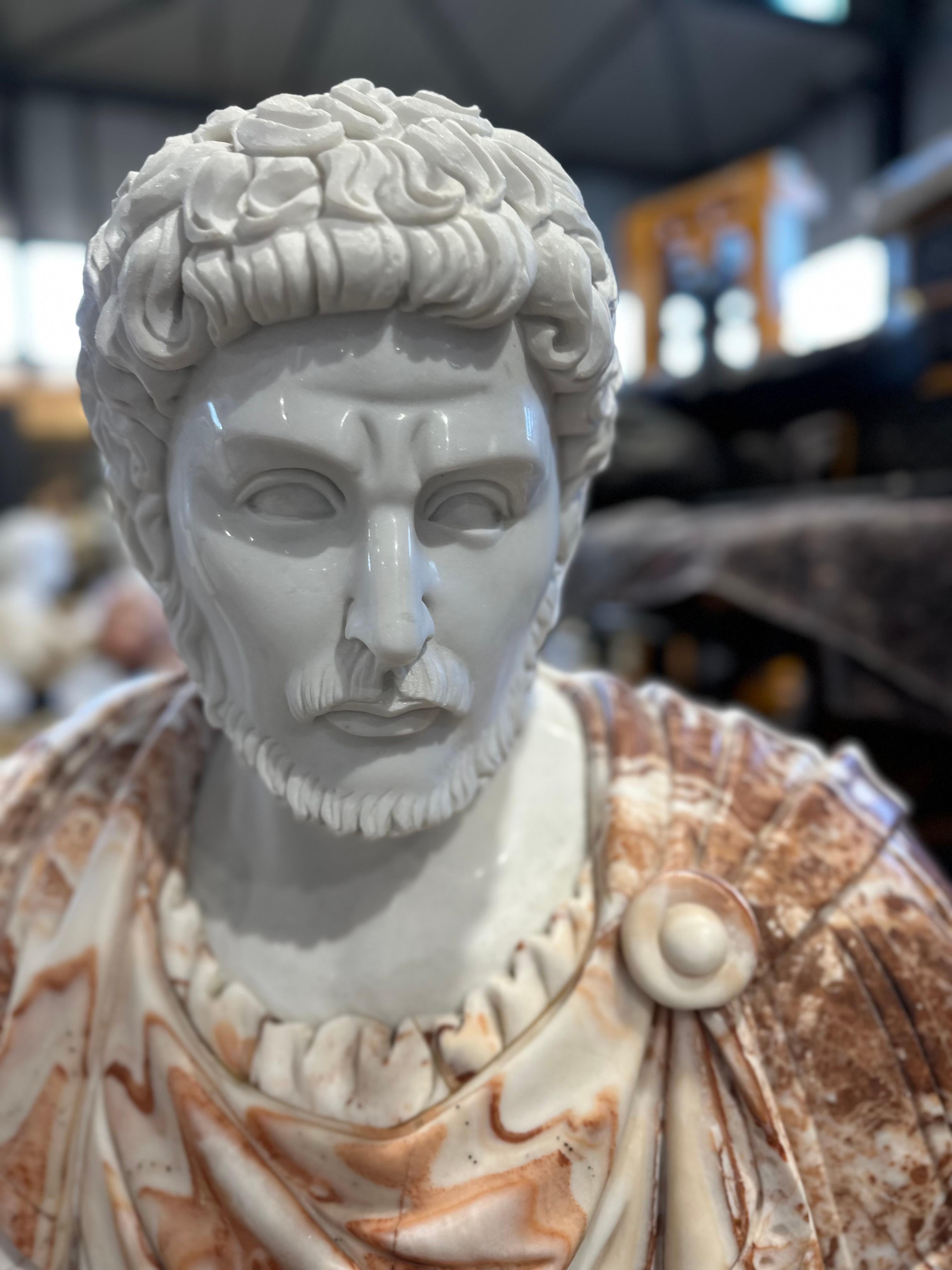 A attractive two coloured marble Classical style bust on a black marble stand. The carving is well done with clear features, depicting gently cascading curling hair and trimmed beard. The garments are delicately draped with miniature folds at the