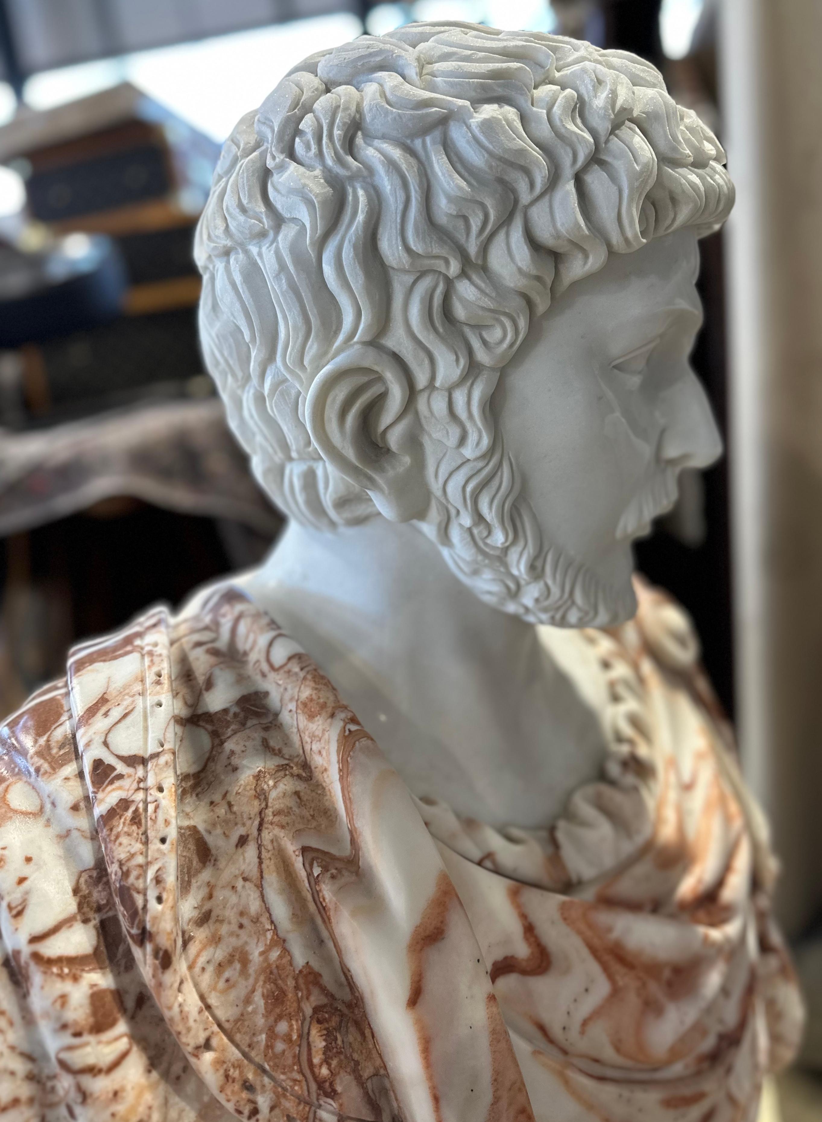 Neoclassical Two Tone Classical Style Marble Bust on White Marble Base For Sale