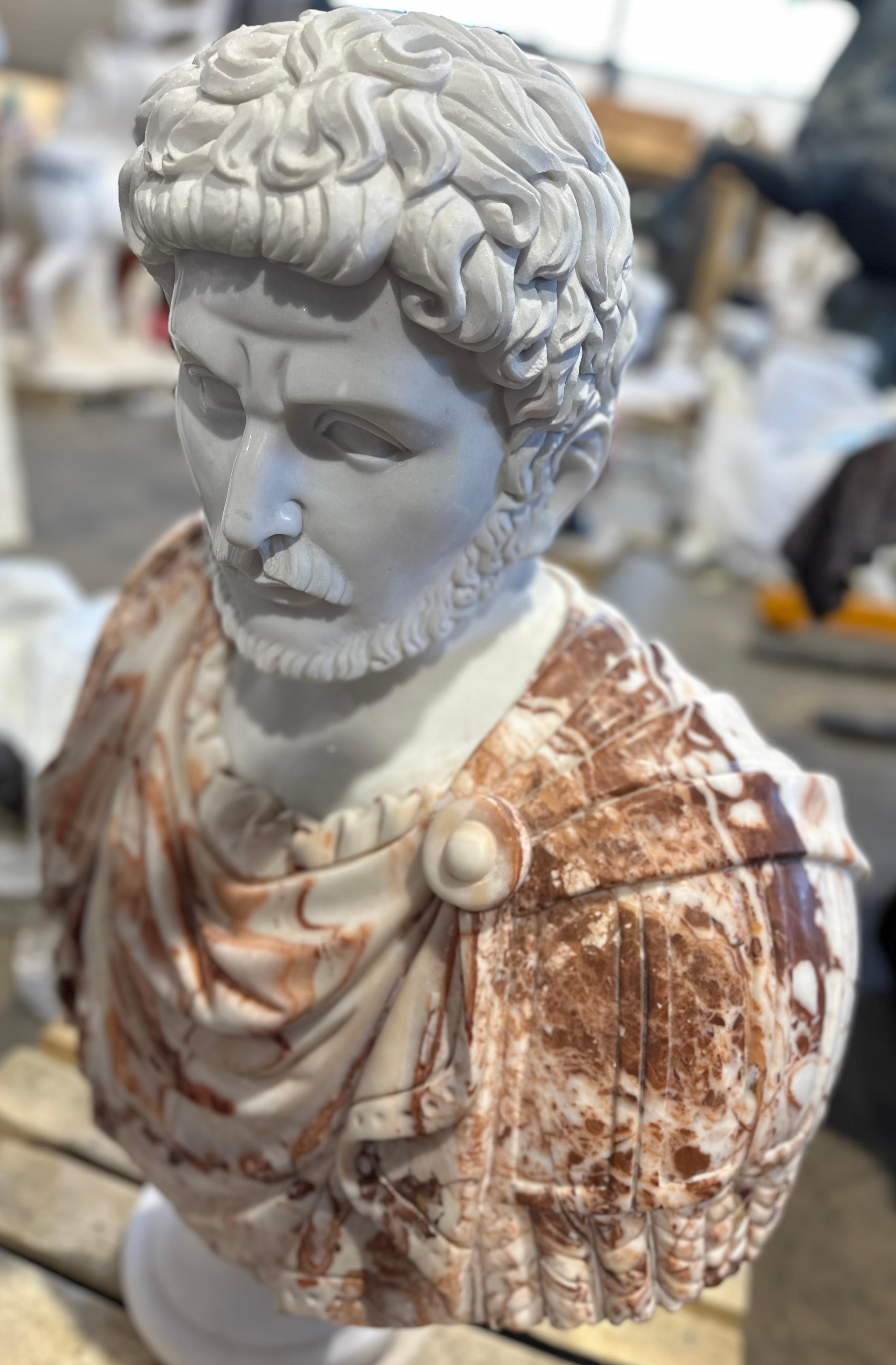 European Two Tone Classical Style Marble Bust on White Marble Base For Sale
