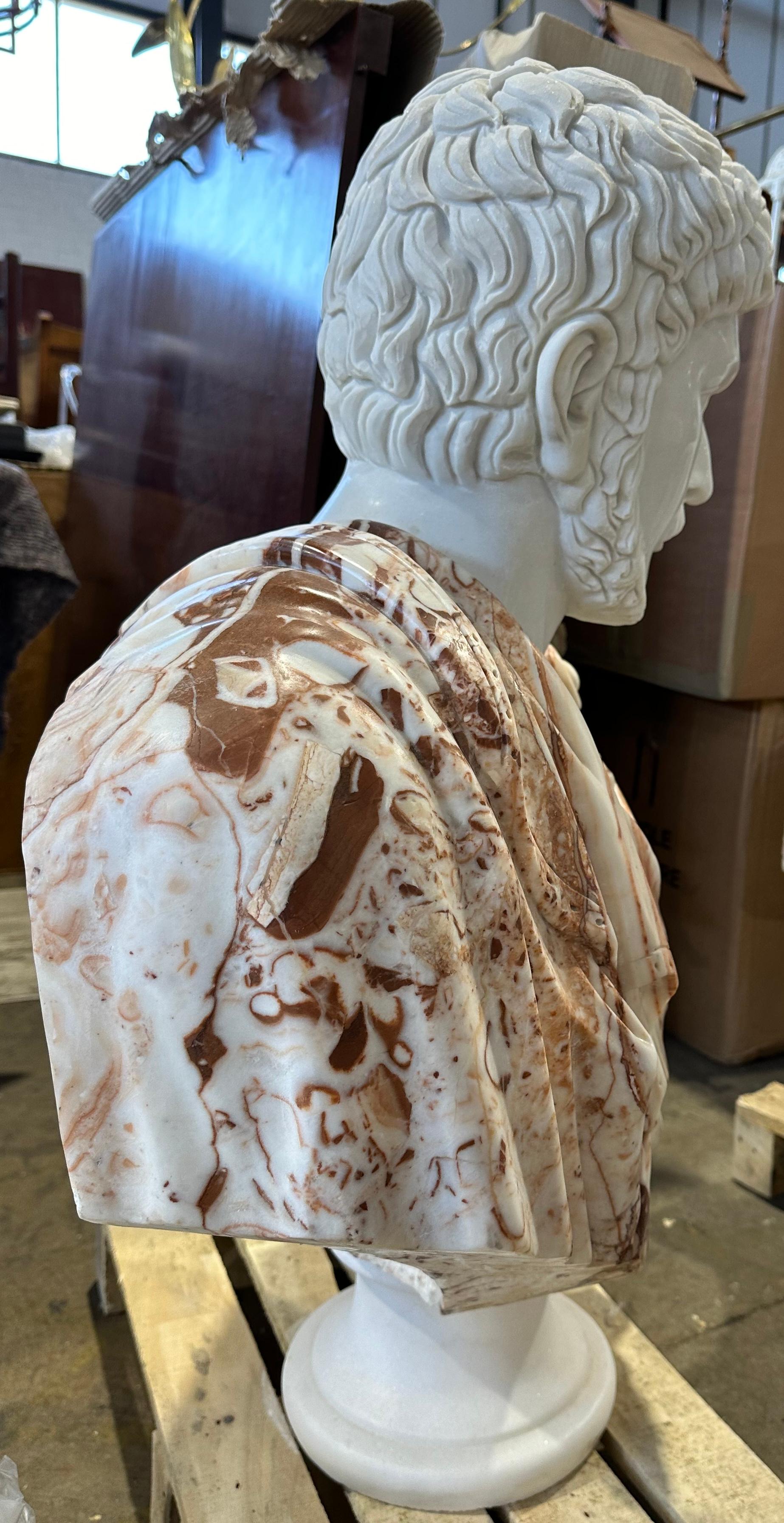 Hand-Carved Two Tone Classical Style Marble Bust on White Marble Base For Sale