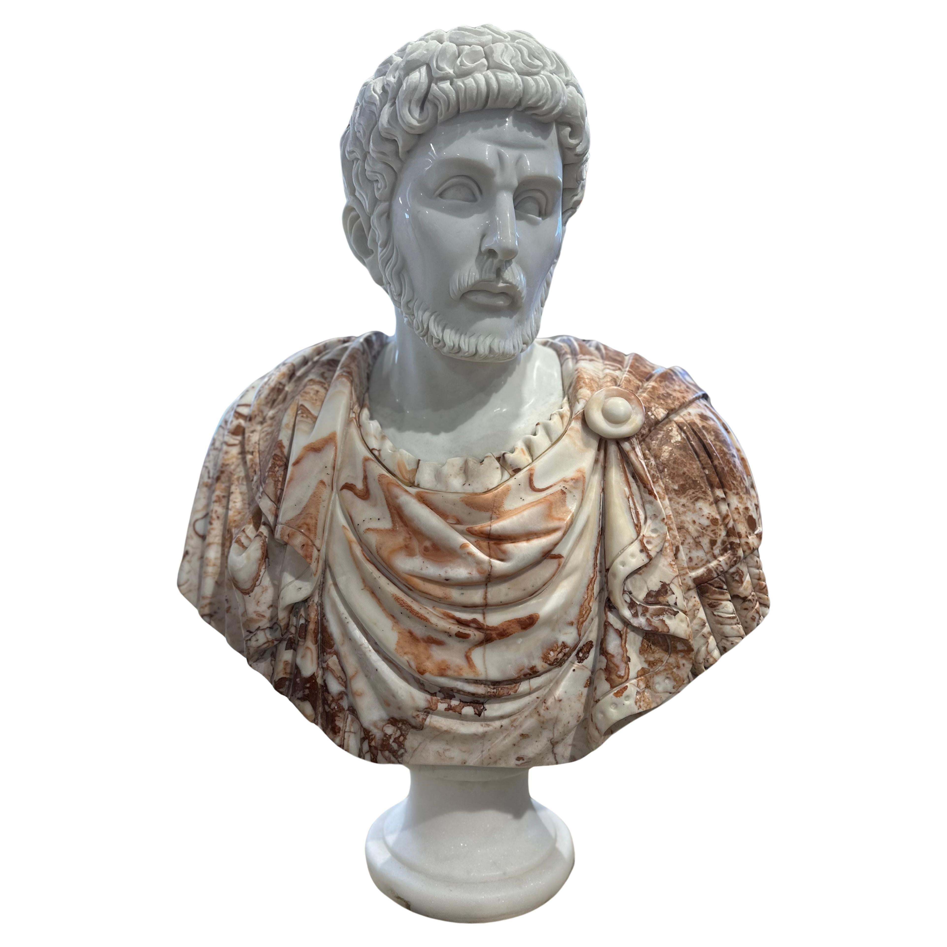 Two Tone Classical Style Marble Bust on White Marble Base For Sale