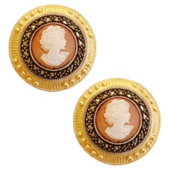 Vintage Two-Tone Coin Earrings With Carved Shell Cameo & Marcasite Halo By Judith Jack