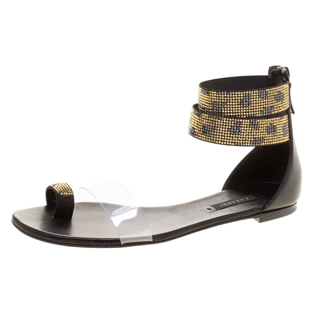 Two Tone Crystal Embellished Ankle Cuff and PVC Vinil Flat Sandals Size 38.5