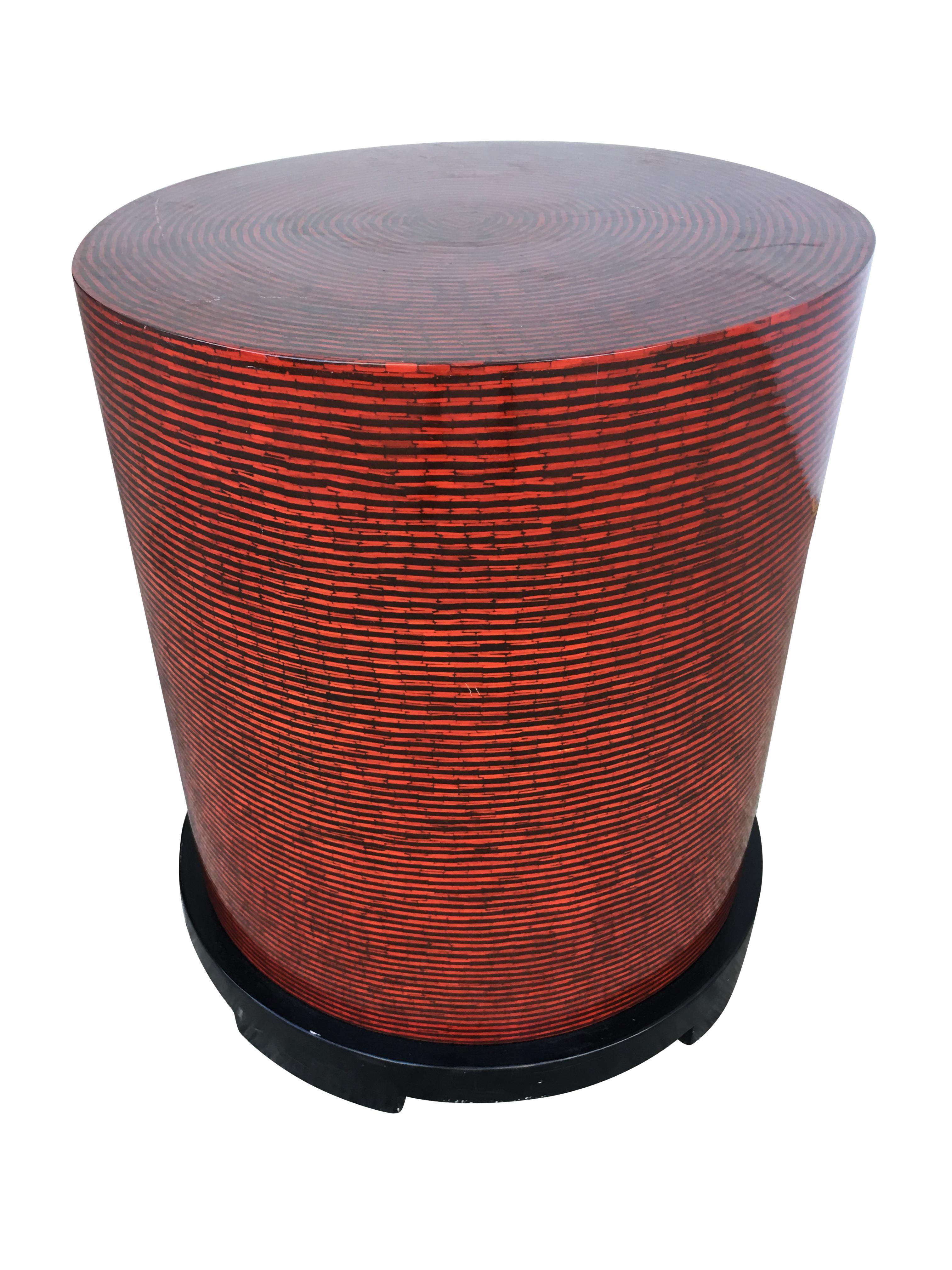 Pair of Two-tone Cubist Style round side table with red and tan textured vinyl tops.