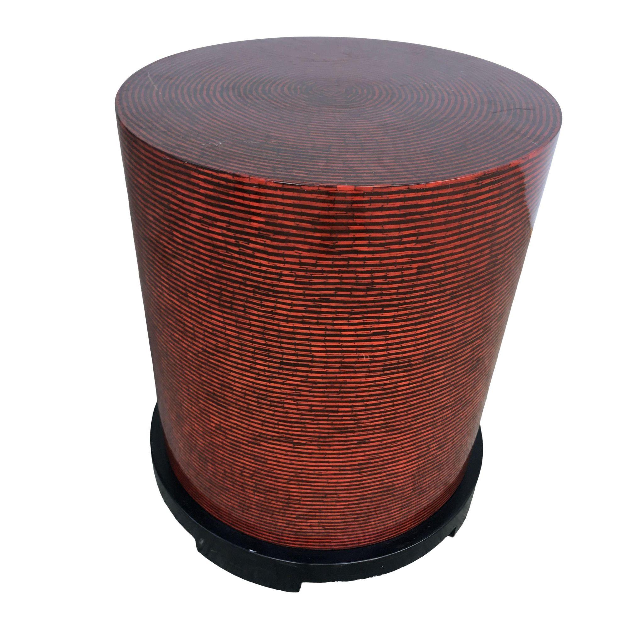 Pair of Two-tone Cubist Style round side table with red and tan textured vinyl tops.