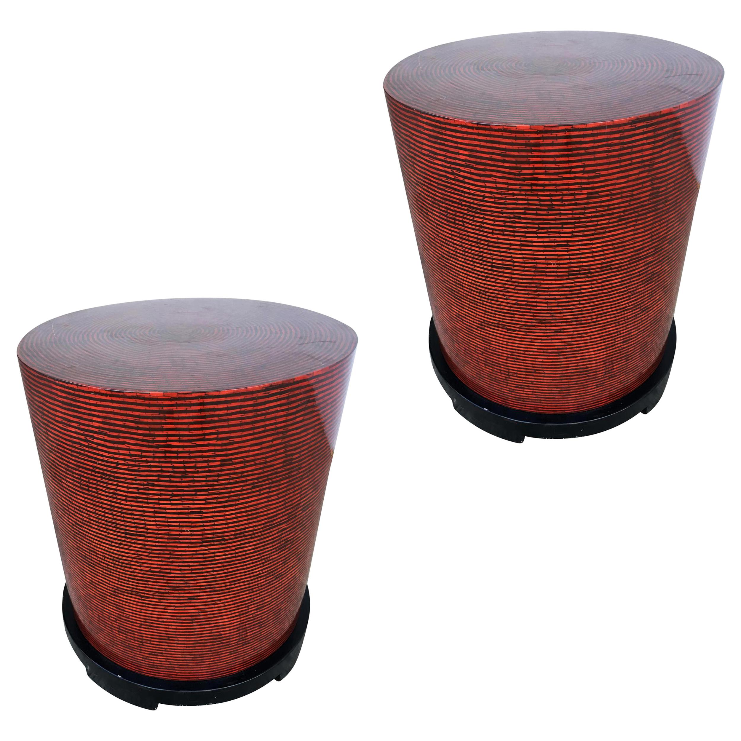 Two-Tone Cubist Style Round Side Table, Pair